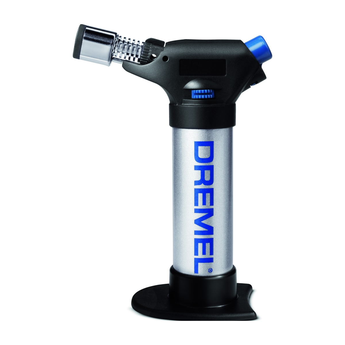 Un cannello Dremel con corpo argentato, manico e base neri e ugello blu. La parola Dremel è scritta in blu.