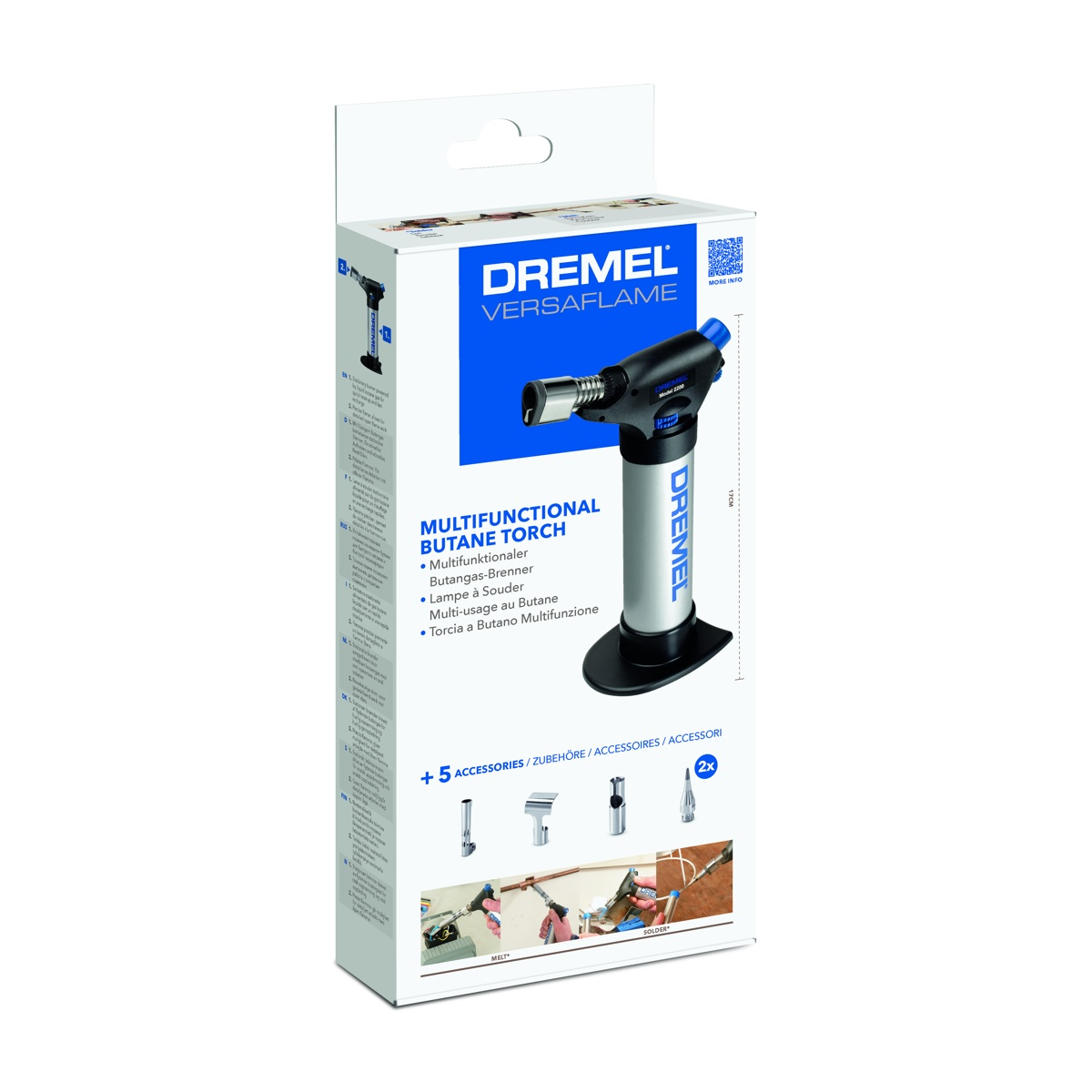 Torcia a butano Dremel Versaflame nella sua scatola. La scatola è bianca con dettagli blu, che mostra la torcia e gli accessori.