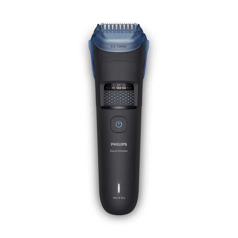 Egy fekete-kék Philips szakállvágó. Van rajta egy bekapcsológomb, és beállítások a vágási hosszhoz. A trimmer fehér háttéren van.