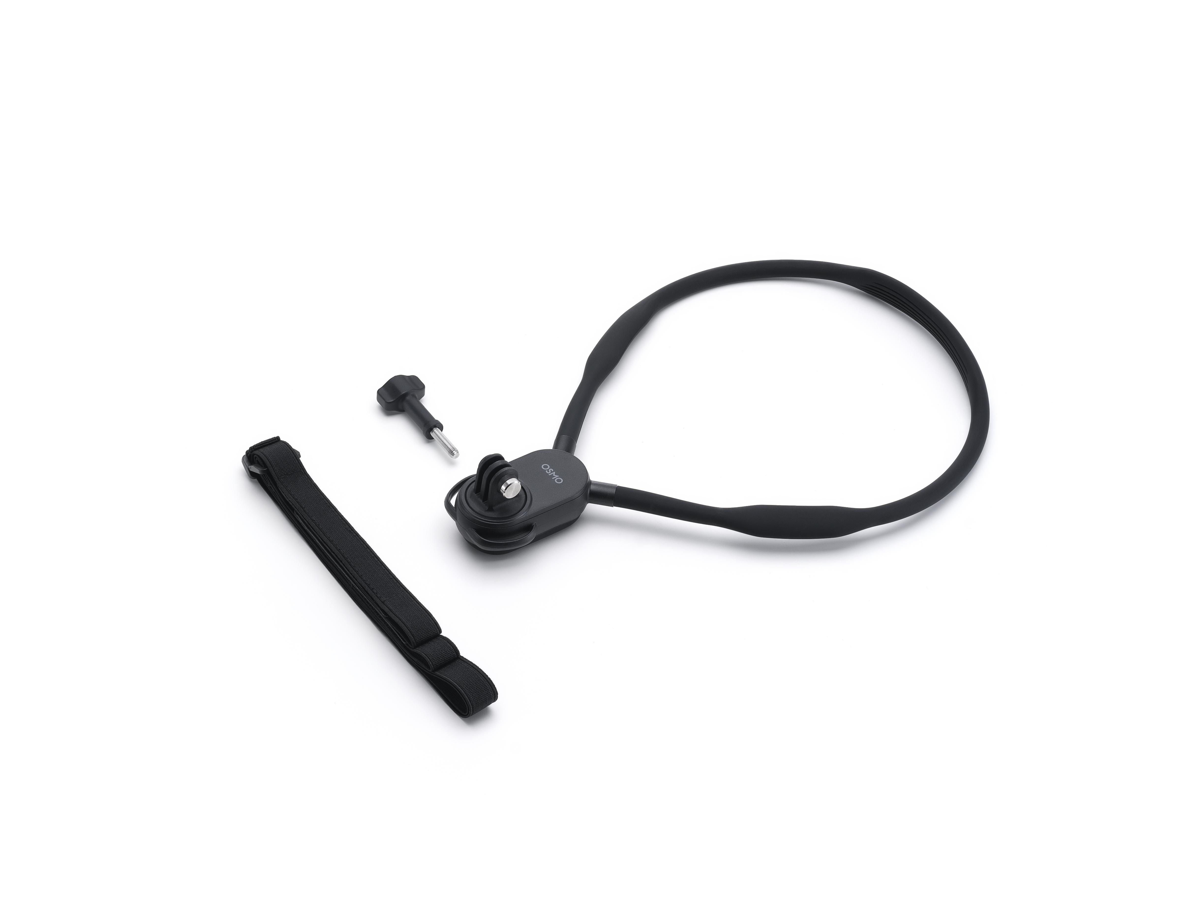 Schwarzes Osmo-Nackenhalterungs-Kit auf weißem Hintergrund. Enthält Nackenriemen, Schraube und Kamerahalterung.