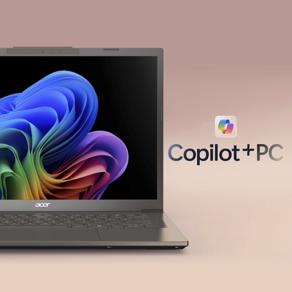 Un portátil Acer plateado muestra un diseño abstracto colorido. El logotipo Copilot+PC está al lado sobre fondo rosa.
