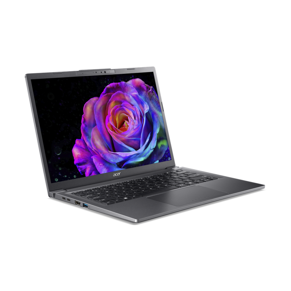 Un portátil Acer plateado muestra una imagen de rosa colorida en su pantalla. El portátil está inclinado, mostrando el teclado y los puertos.