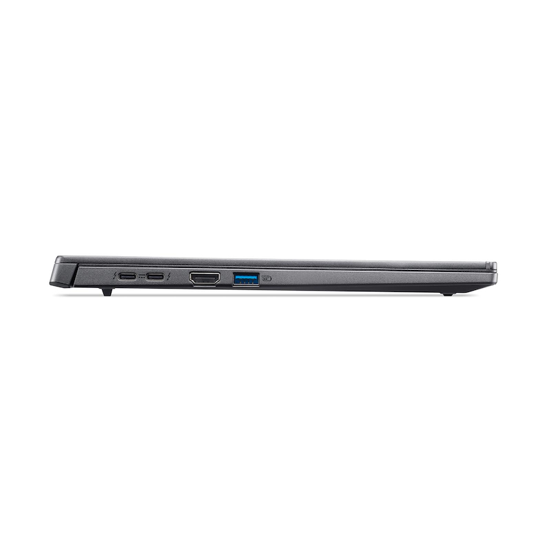 Vista lateral de un portátil gris oscuro. Los puertos visibles incluyen USB-C, HDMI y USB. El portátil está cerrado, con un fondo blanco limpio.