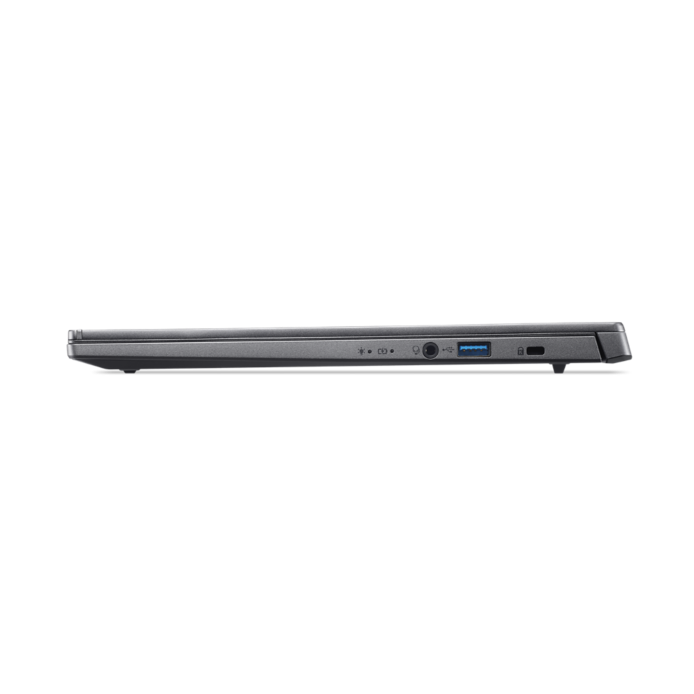 Vista lateral de un portátil gris con puertos, incluidos USB, alimentación y conector para auriculares. El portátil está sobre un fondo blanco.