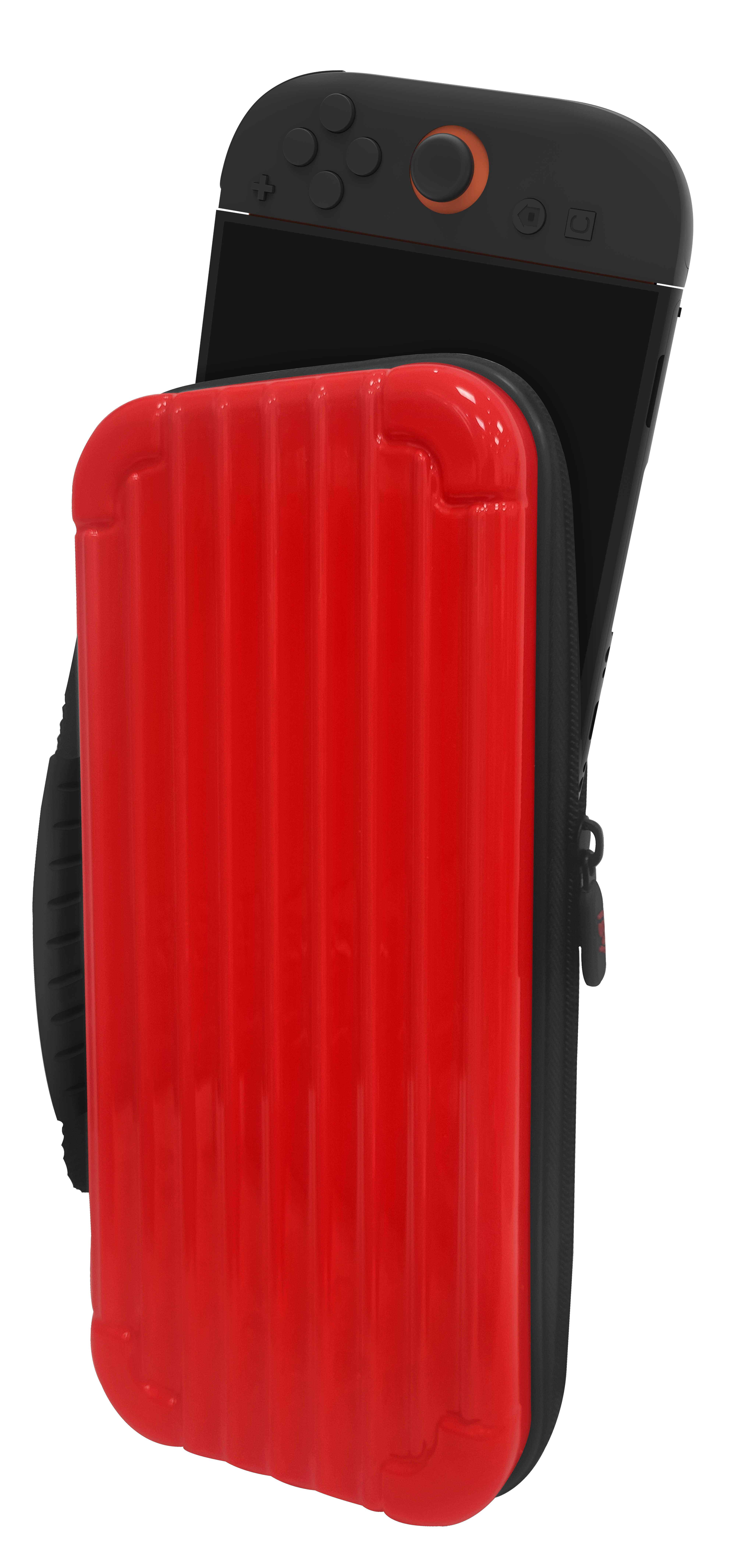 Eine schwarze Nintendo Switch in einem roten Gehäuse vor weißem Hintergrund. Das Gehäuse hat einen Reißverschluss, und die Switch ist teilweise sichtbar.