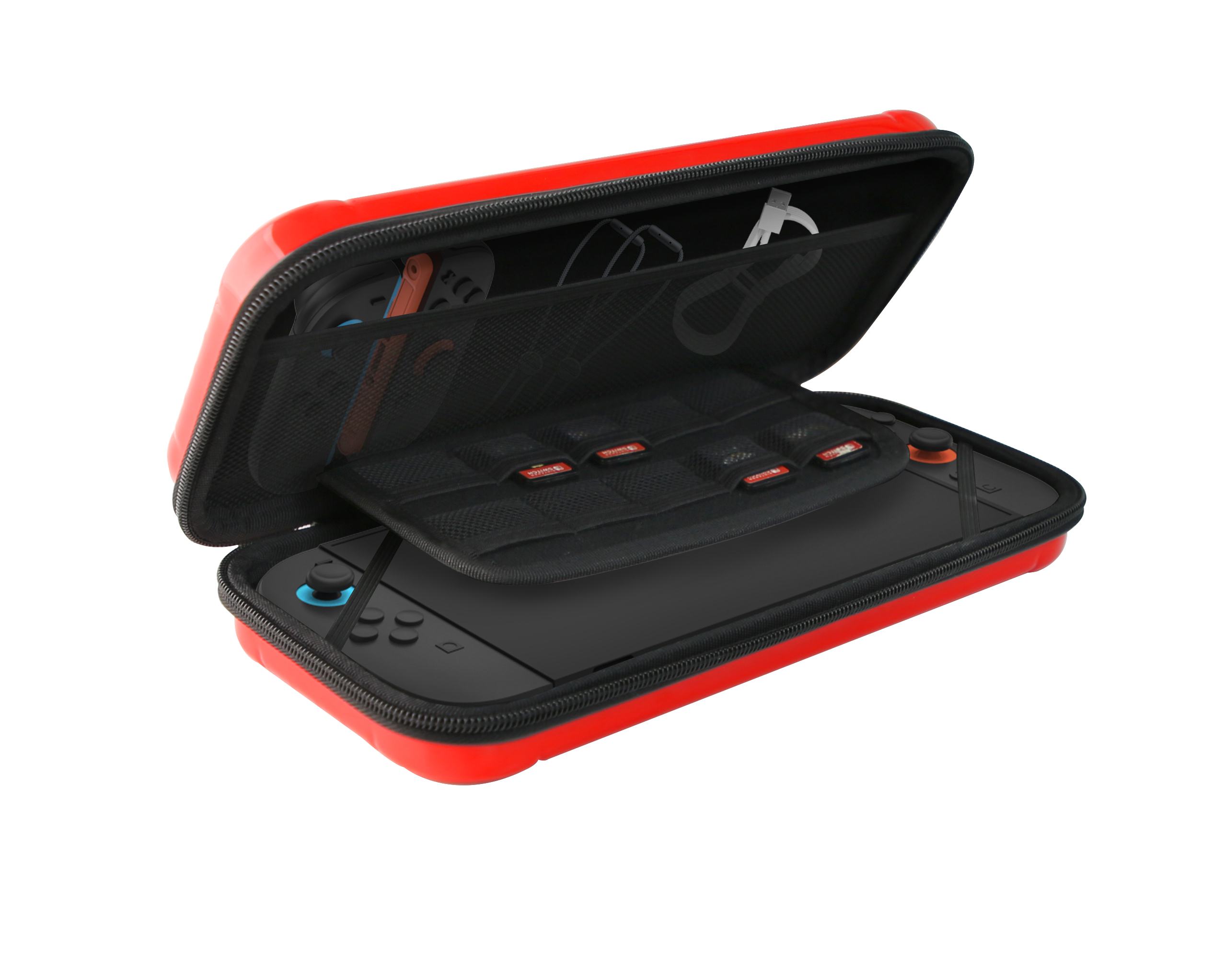 Roter, offener Koffer zeigt eine schwarze Handheld-Konsole, Controller und Spielkarten. Im Inneren befinden sich auch Ladekabel.
