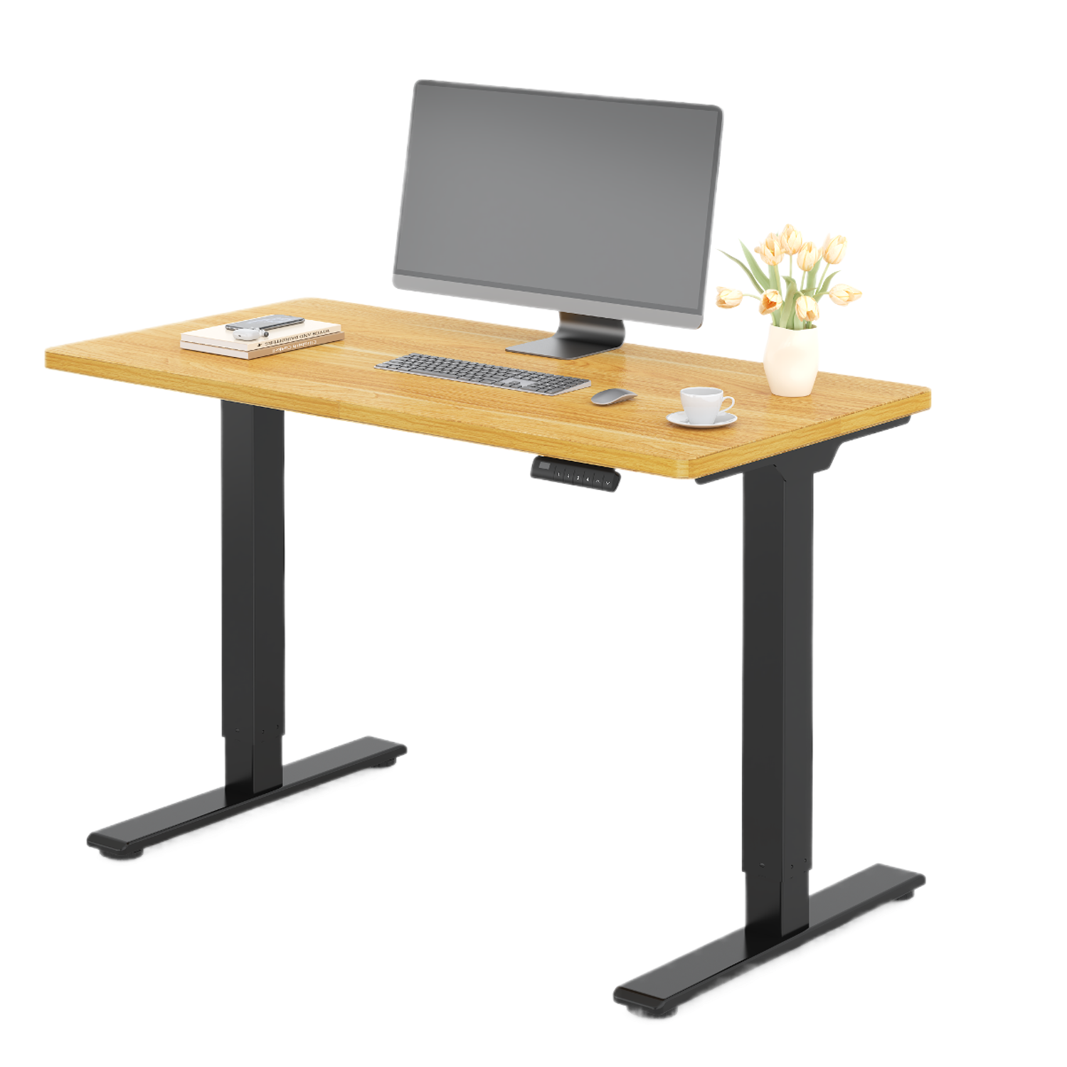Een houten bureau met computer, toetsenbord, muis, koffiekopje en vaas. Het bureau heeft zwarte poten en staat tegen een zwarte achtergrond.