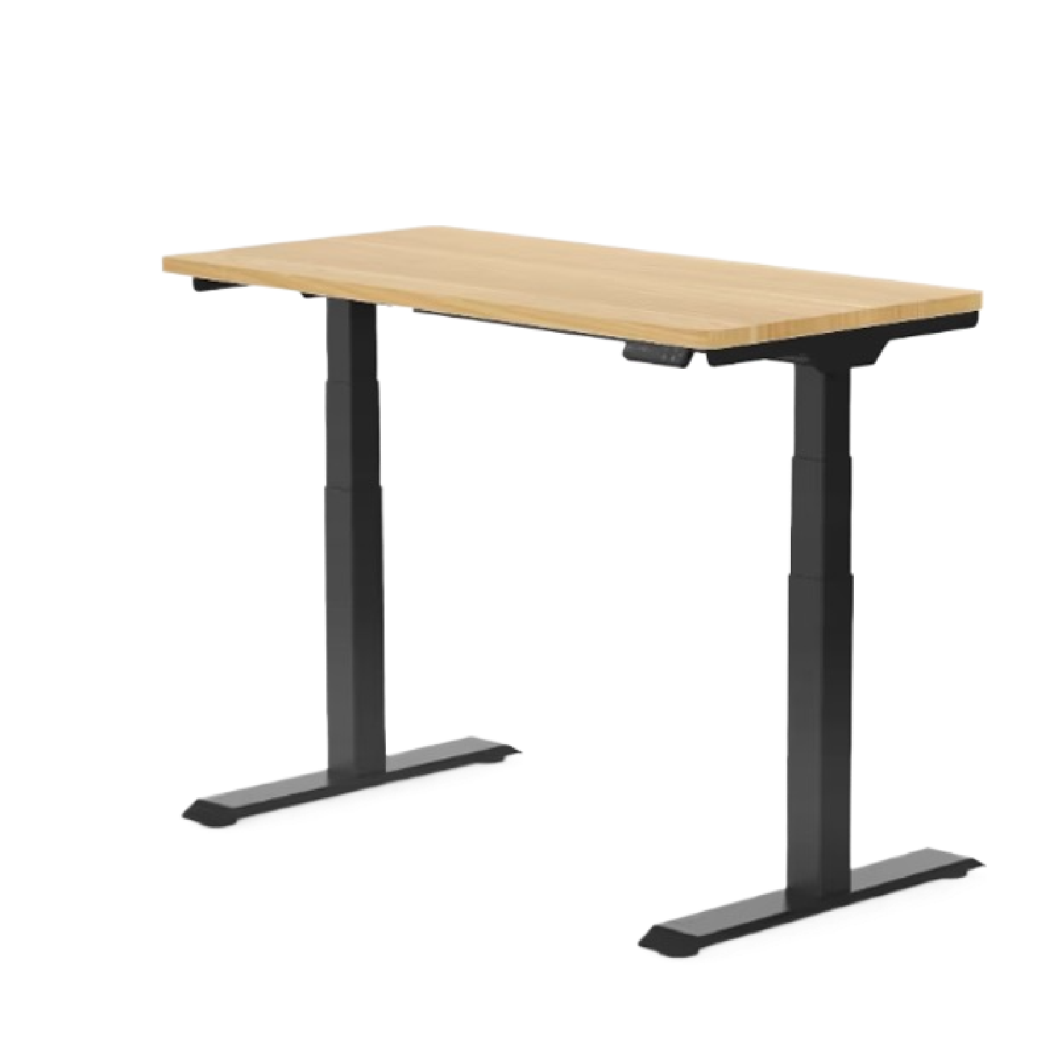 Een lichtbruine houten bureau met zwarte verstelbare poten op een zwarte achtergrond. Het bureau is leeg.