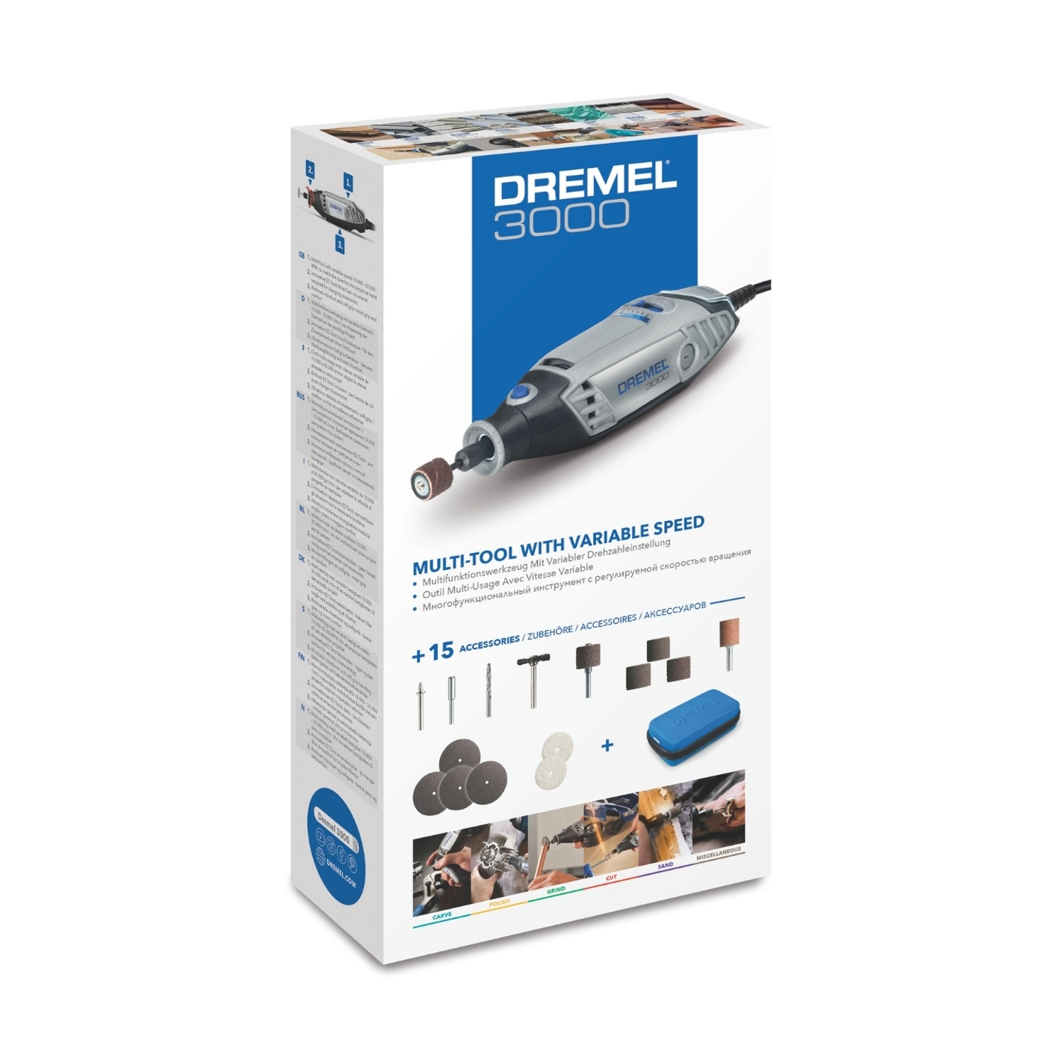 Scatola multiutensile Dremel 3000 con accessori. La scatola mostra l'utensile e gli accessori. Il testo include 'Multiutensile a velocità variabile'.