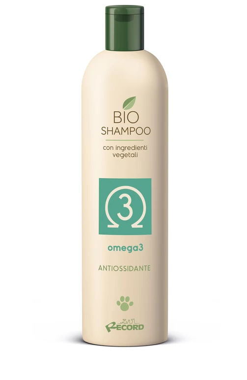 Egy üveg Bio sampon háziállatoknak. Bézs színű, zöld kupakkal, rajta a 'Bio Shampoo' felirattal.