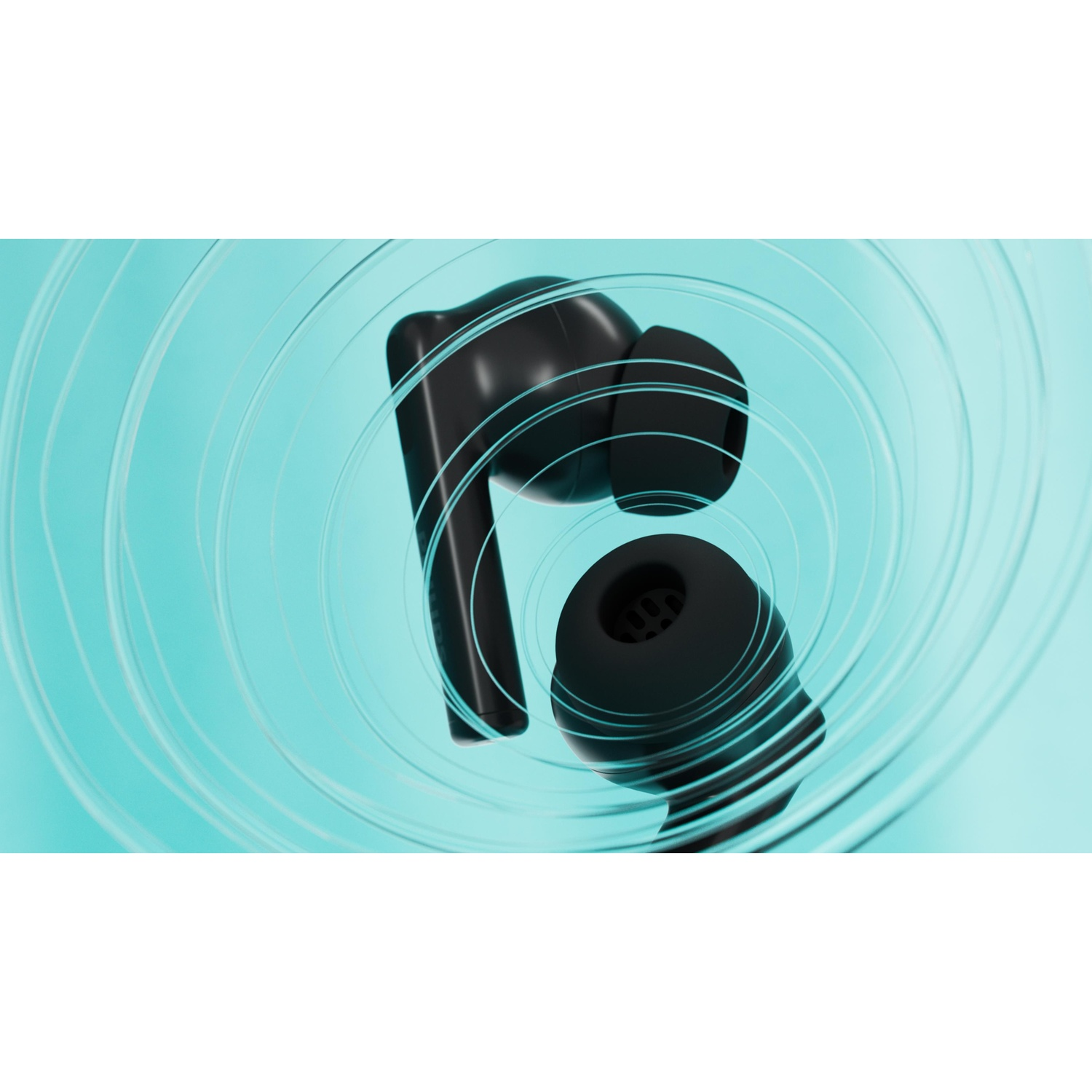 Due auricolari wireless neri su sfondo azzurro con cerchi concentrici. Un auricolare è a fuoco, l'altro è parzialmente visibile.