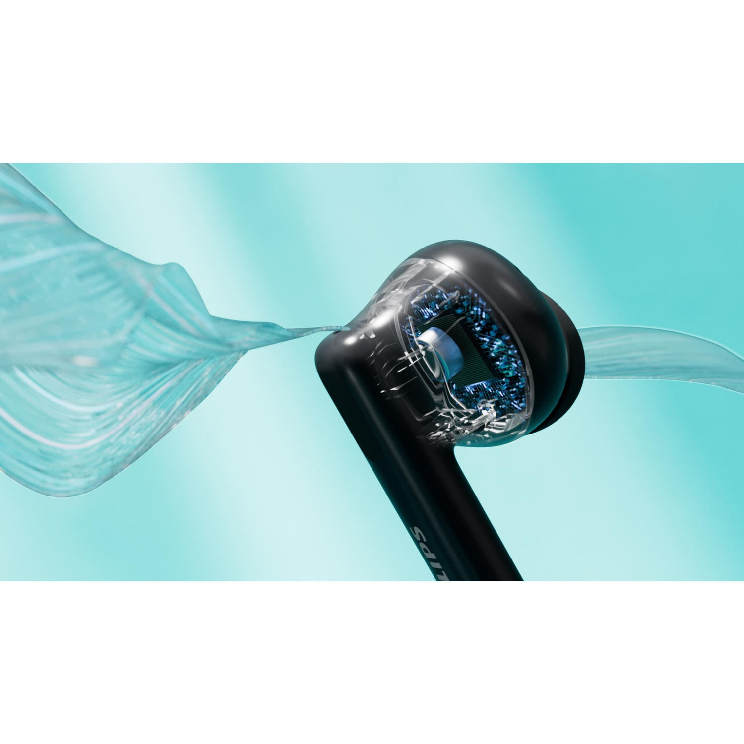 Un auricolare nero con sezione trasparente, che mostra i componenti interni. Effetti visivi simili all'acqua scorrono intorno a esso su sfondo verde acqua.