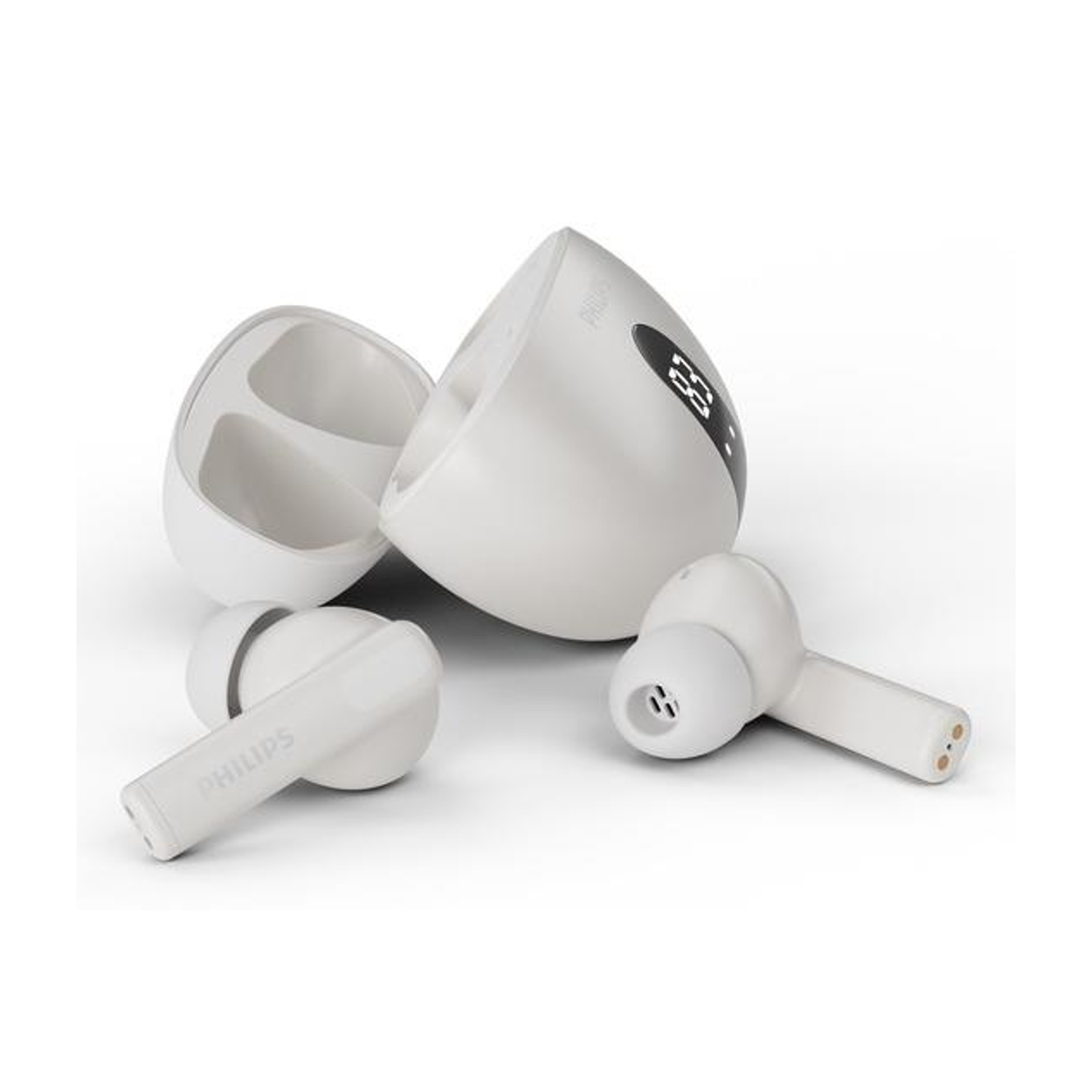 Auricolari e custodia di ricarica Philips bianchi su sfondo bianco. La custodia è aperta, gli auricolari sono fuori.