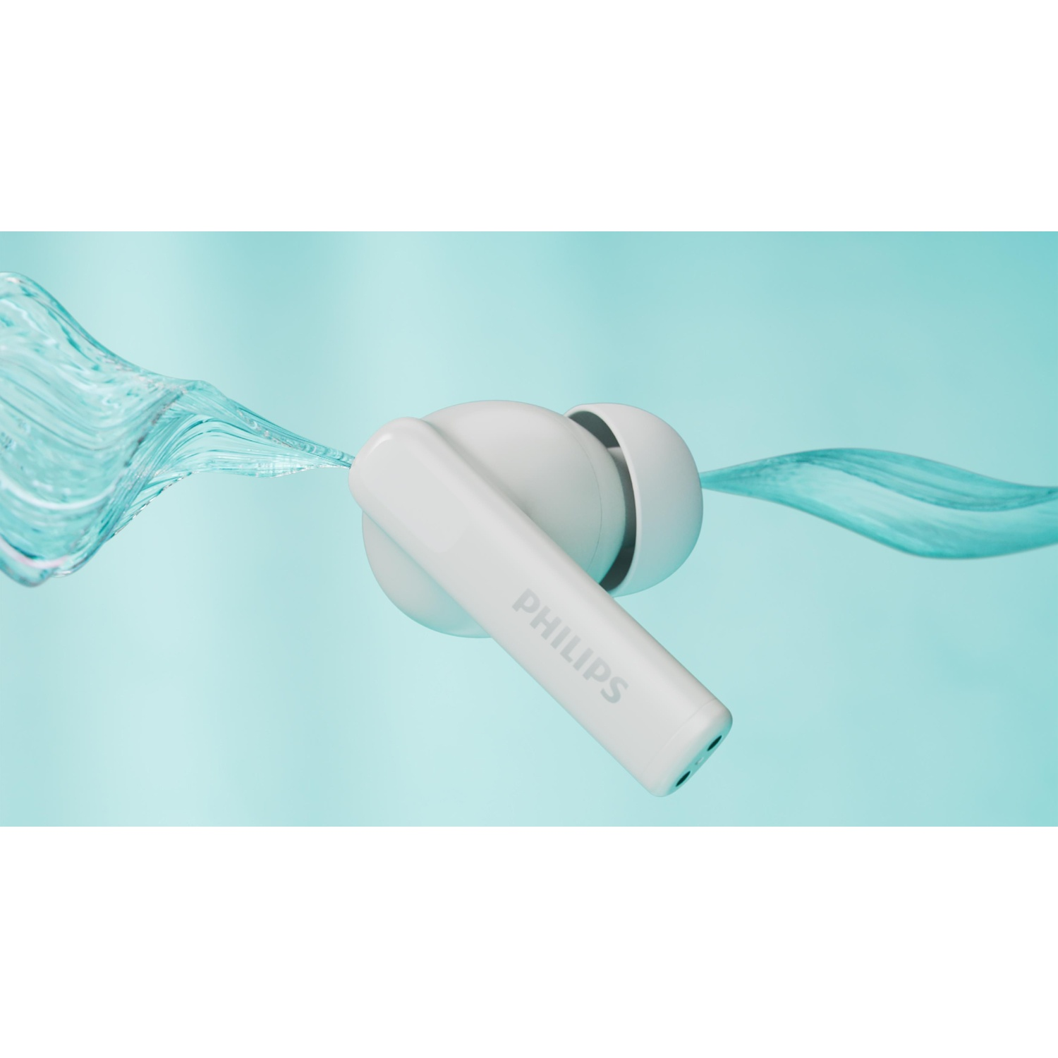 Auricolare Philips bianco in acqua. L'acqua scorre attorno su sfondo blu. La parola "PHILIPS" è sull'auricolare.