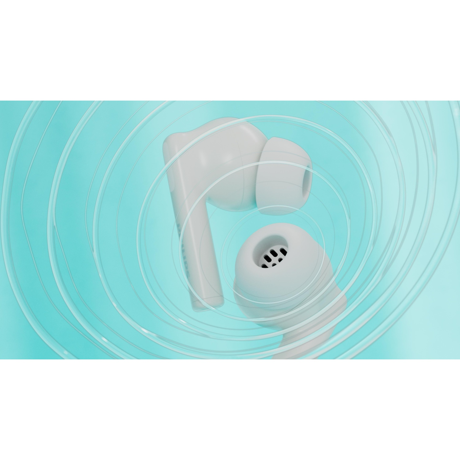 Due auricolari wireless bianche su sfondo turchese con cerchi trasparenti concentrici.