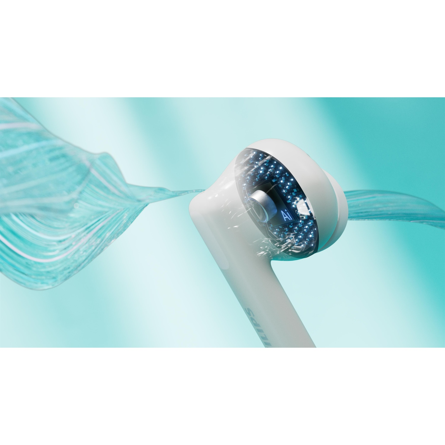 Un auricolare bianco con una copertura trasparente, luci blu e la scritta 'AI' è circondato da un liquido blu su sfondo azzurro.