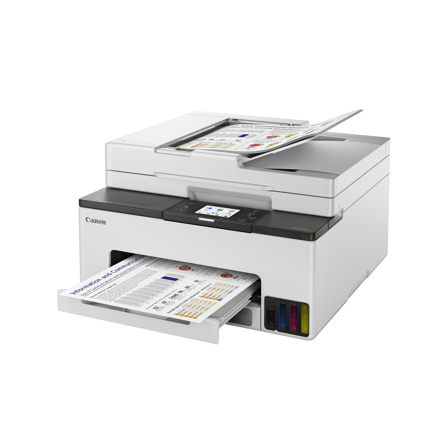 A Canon printer is printing a document. The printer is white with black accents. Ink tanks are visible. The document contains text and charts.