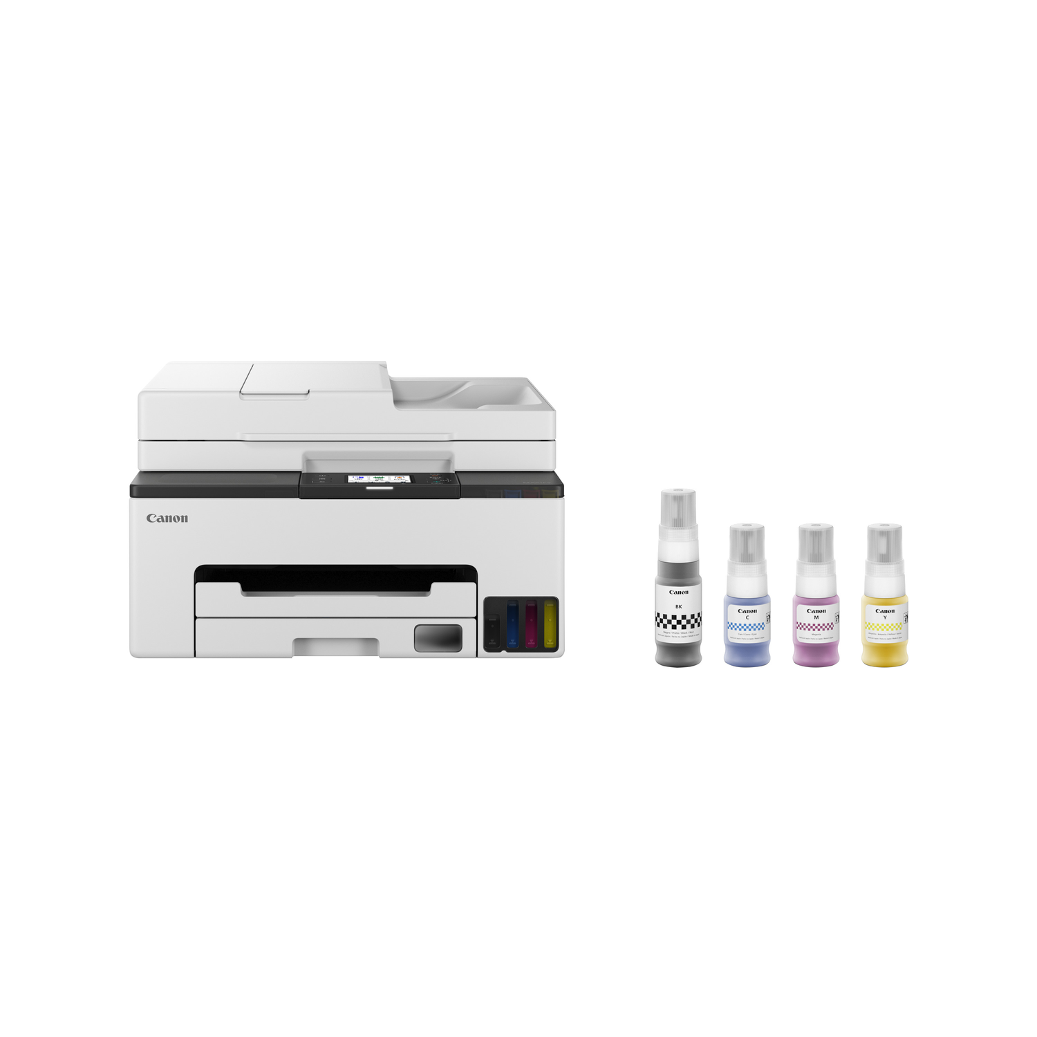 A white Canon printer with ink bottles. Printer has black, yellow, magenta, and cyan ink. Bottles labeled with Canon and ink colors.