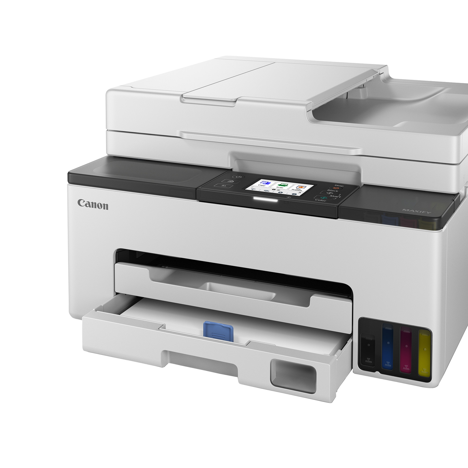 A white Canon Maxify printer with an open paper tray. Ink cartridges are visible. A screen and buttons are on top.