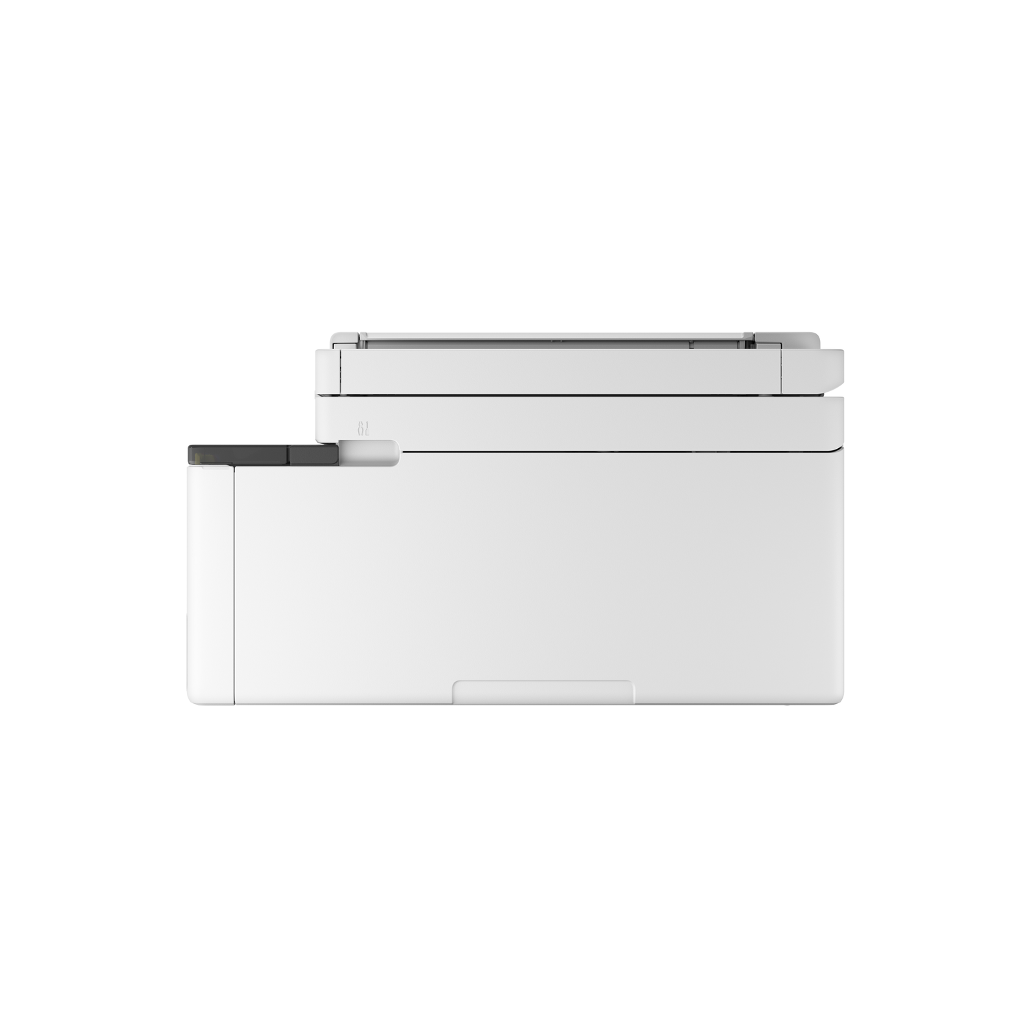 A white printer sits against a white background. The printer has a black control panel on the left side and a paper tray.