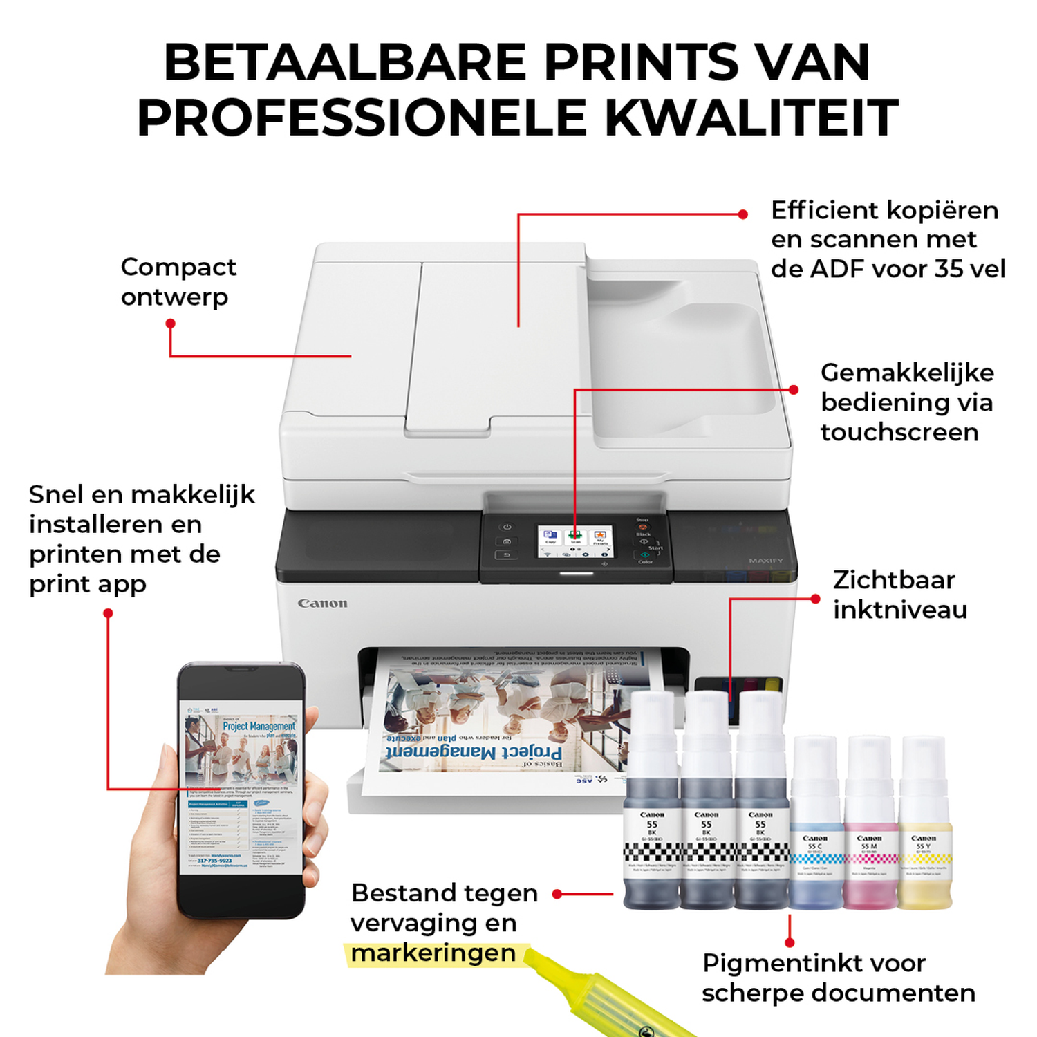 A white Canon printer with a smartphone displaying a printout. Ink bottles are visible with a highlighter pen.