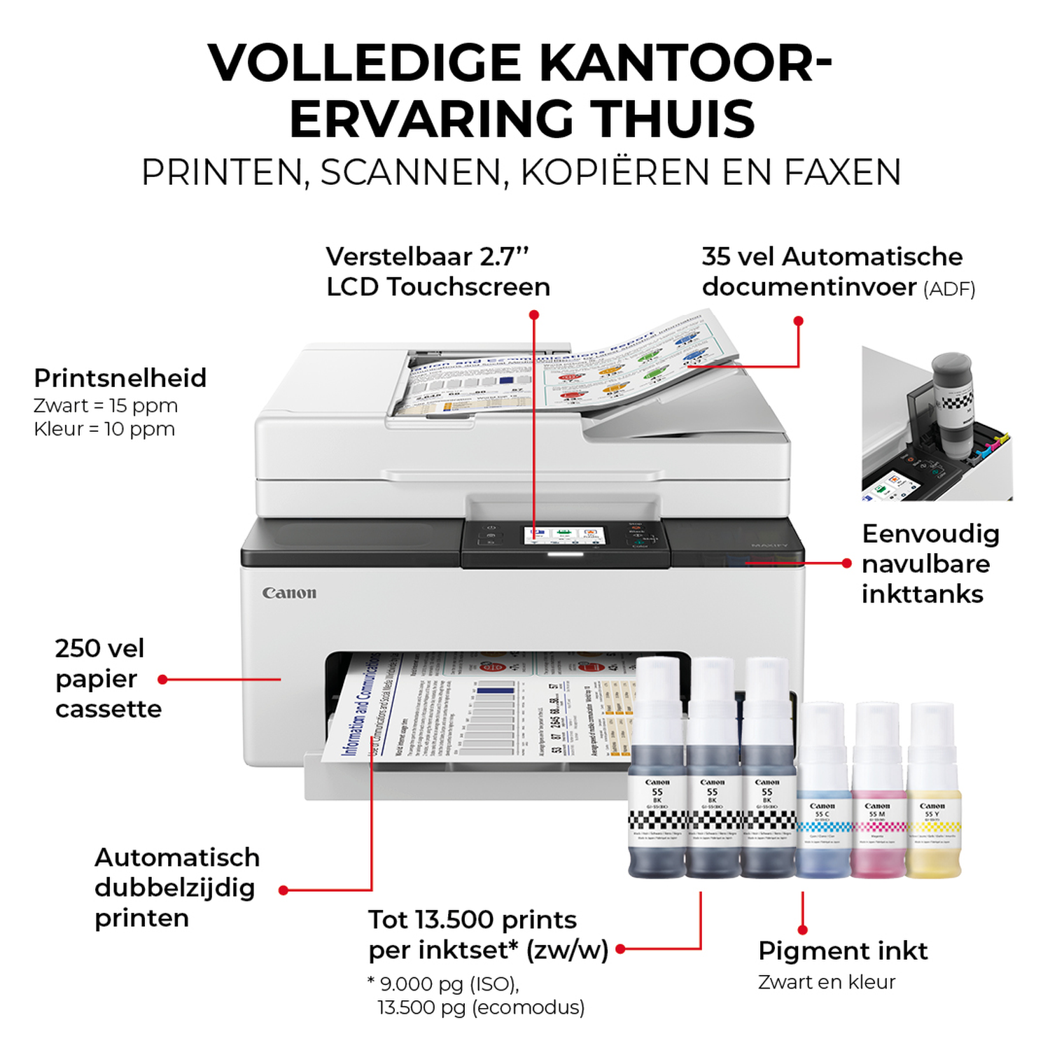 A Canon printer with a touchscreen, ink tanks, and paper cassette, with ink bottles in front. Text highlights features.