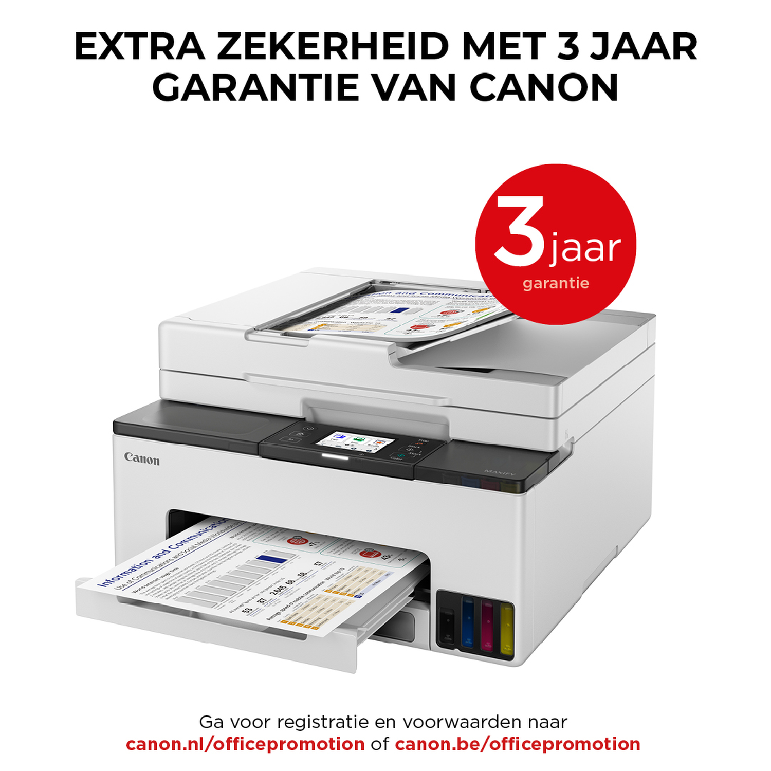 A Canon printer with a red circle indicating 3-year warranty. It is printing a document, with colorful ink cartridges.