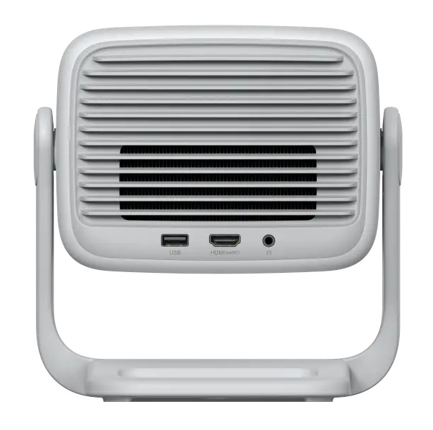 Biały projektor z uchwytem, wentylacją i portami wejściowymi. Porty obejmują USB, HDMI i gniazdo słuchawkowe.