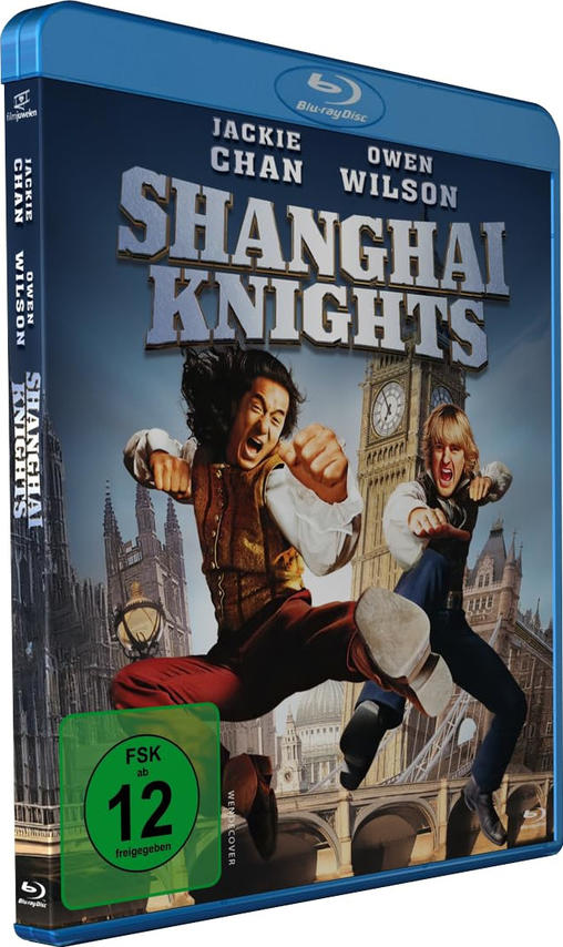 Blu-ray-Cover von Shanghai Knights. Jackie Chan und Owen Wilson in Aktion, Big Ben im Hintergrund.