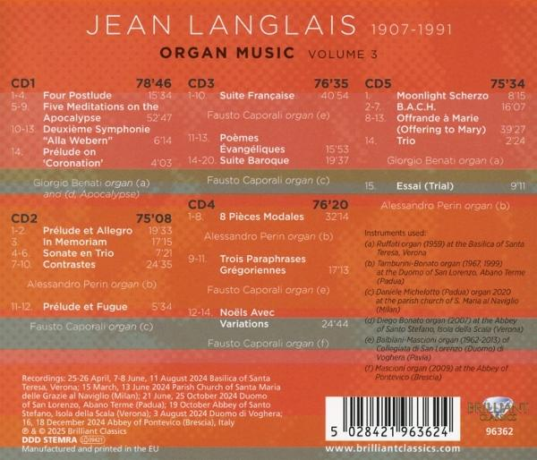 CD-Cover mit Titelliste für Jean Langlais Orgelmusik. Beinhaltet Titel, Spielzeiten und Organisten.