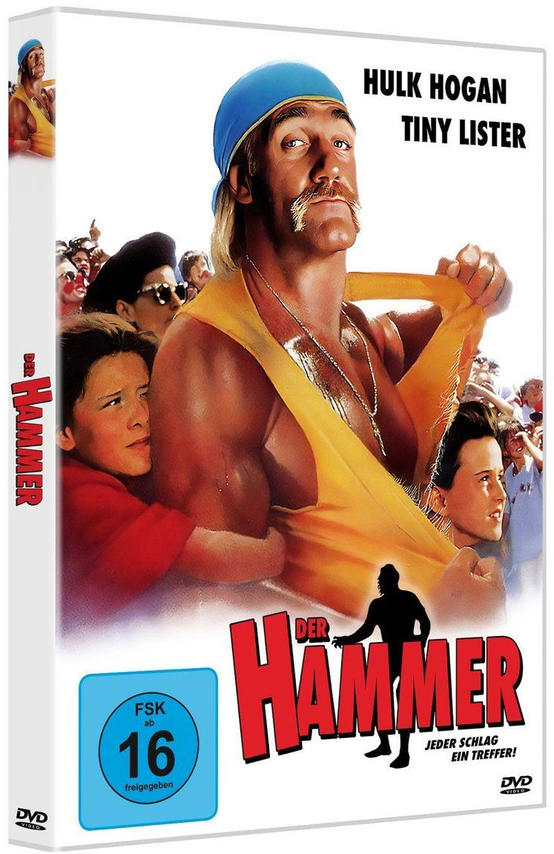 Hulk Hogan zieht sein gelbes Shirt hoch, daneben ein Junge. Titel: Der Hammer.