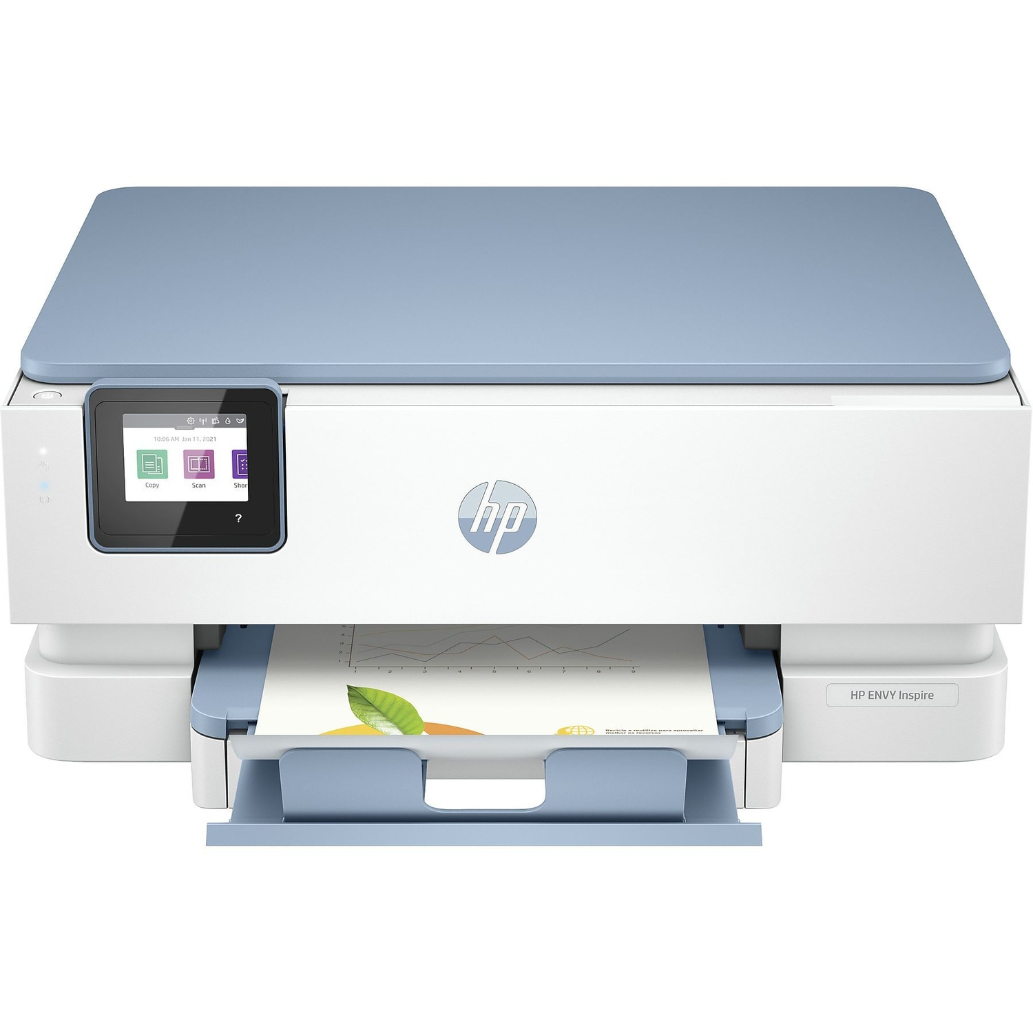 Une imprimante HP ENVY Inspire. Elle est blanche et a un dessus bleu. Une feuille de papier avec un graphique est dans le bac.