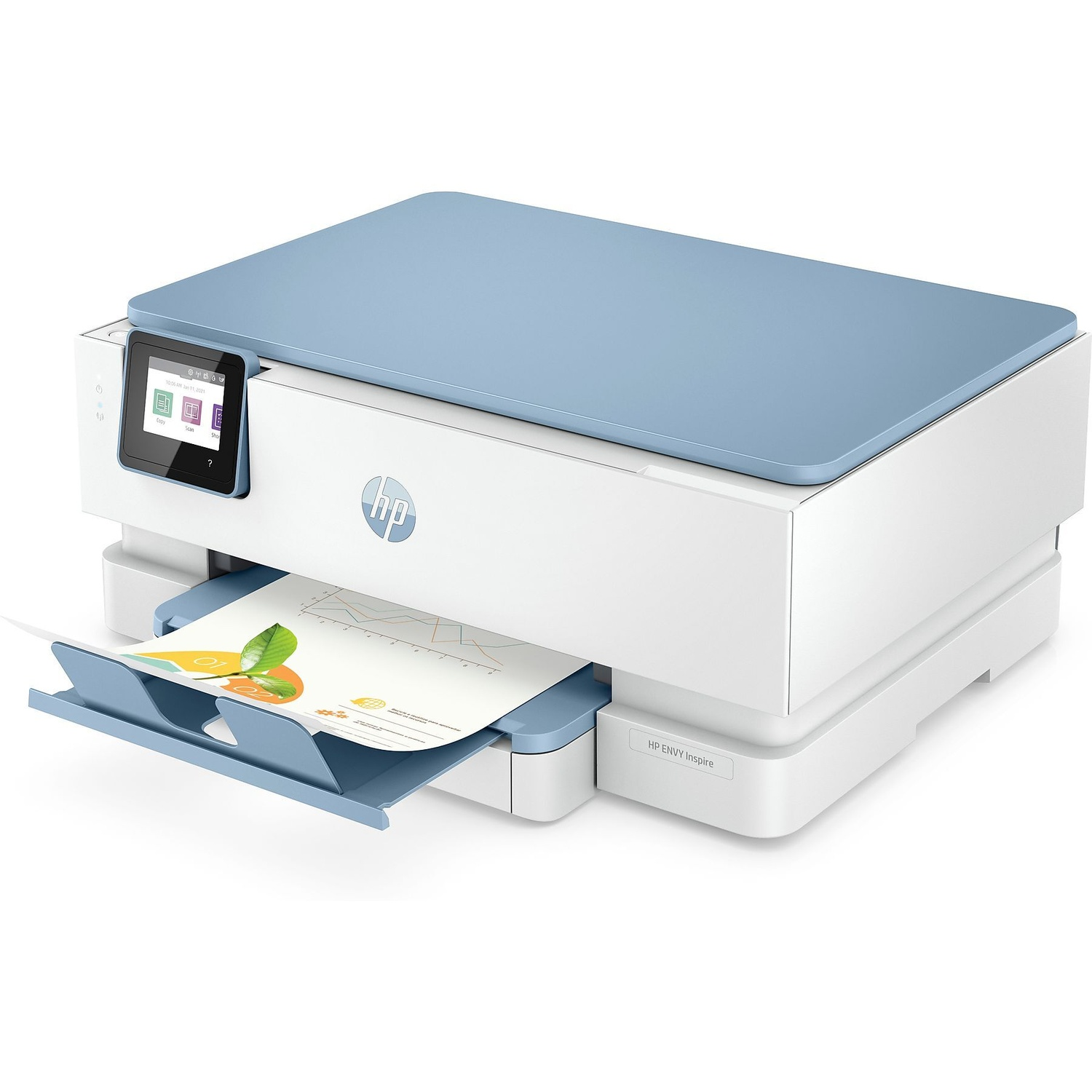 Une imprimante HP Envy Inspire blanche et bleue. Un bac à papier s'étend avec un document imprimé. L'écran affiche des options.