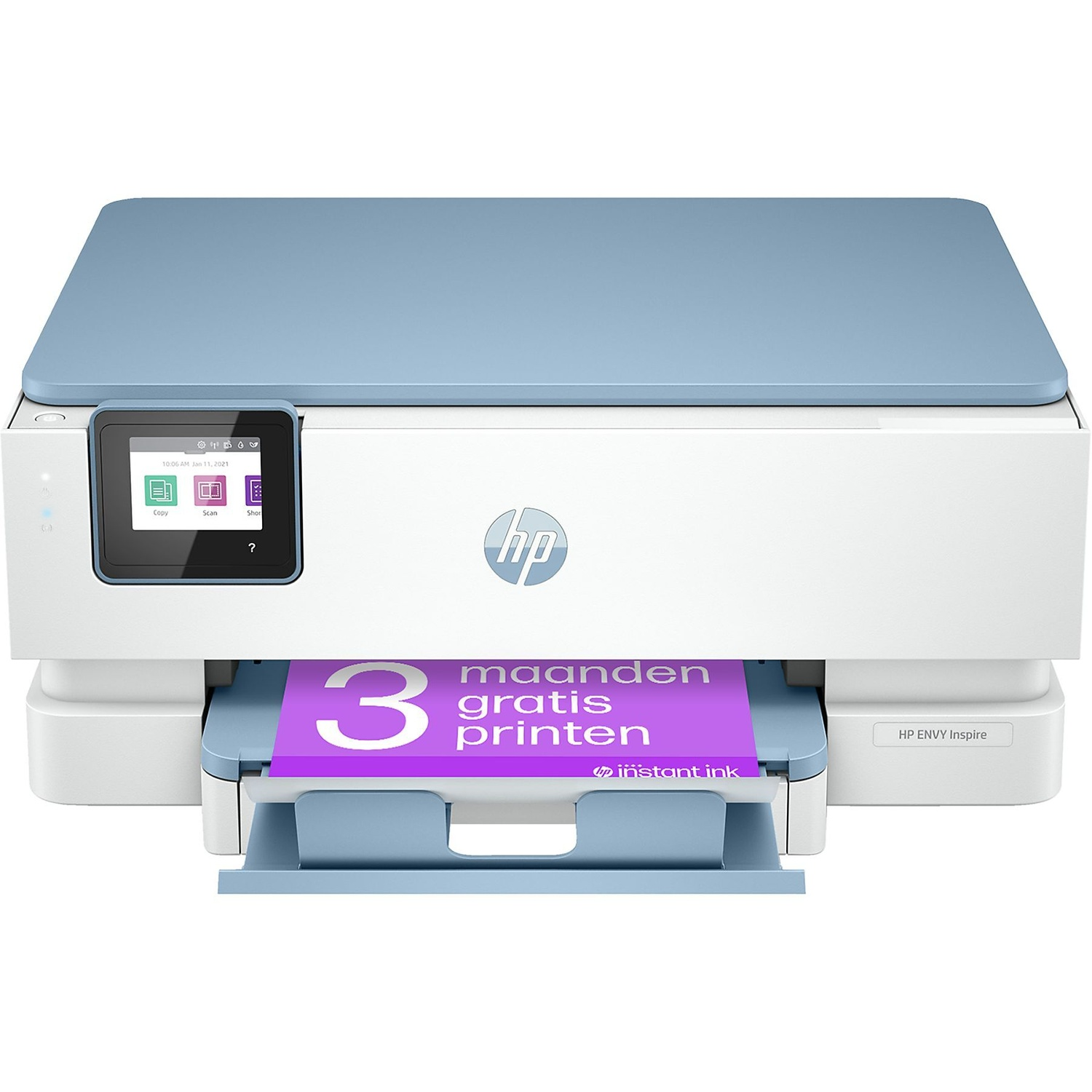 Une imprimante HP ENVY Inspire, blanche avec un dessus et un bac à papier bleu clair. Un écran affiche des options. Un papier dit '3 maanden gratis printen'.