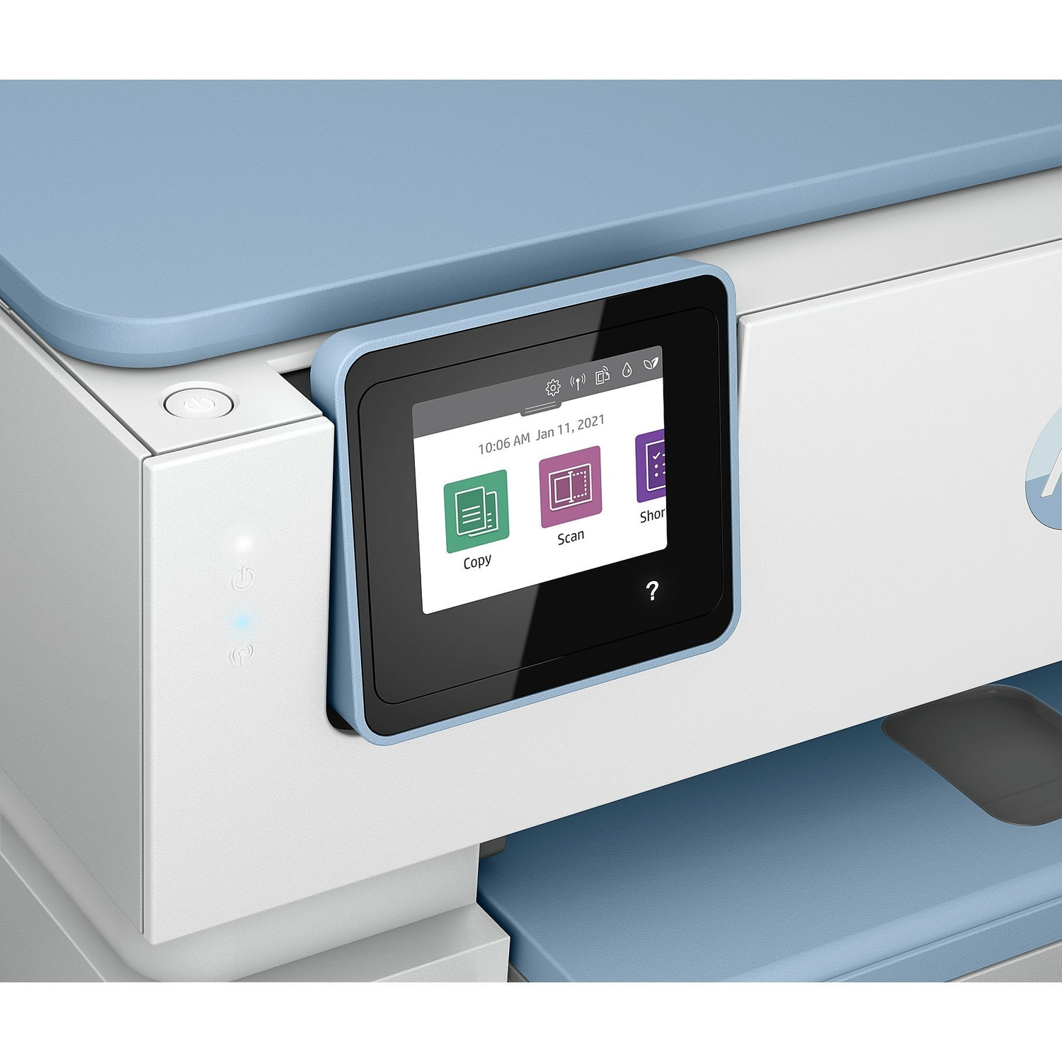 Une imprimante affichant son écran avec des options comme copier et scanner. L'appareil est de couleur blanche et bleue.