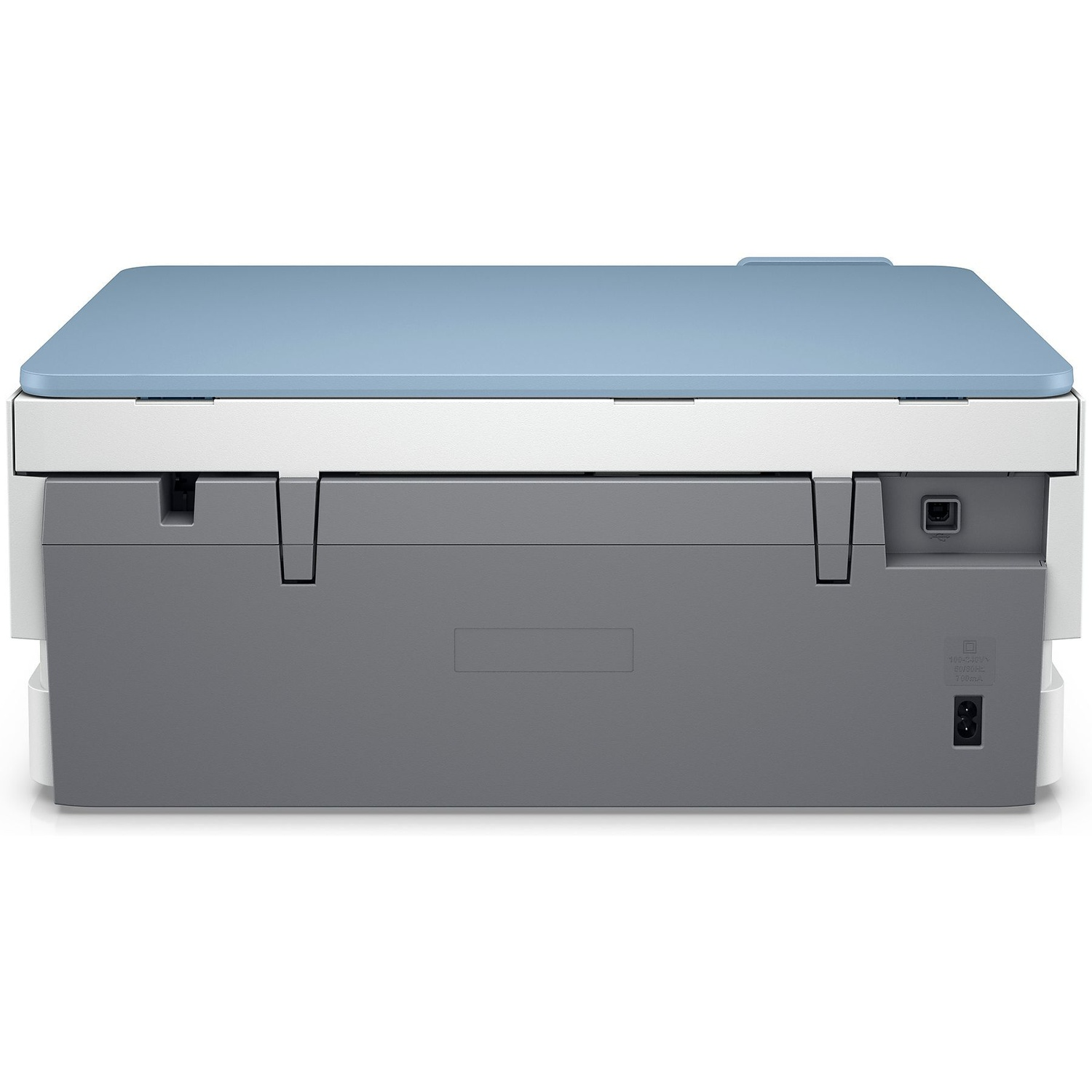 Vue arrière d'une imprimante. Elle est blanche, gris clair et bleue. Ports d'alimentation et USB visibles.