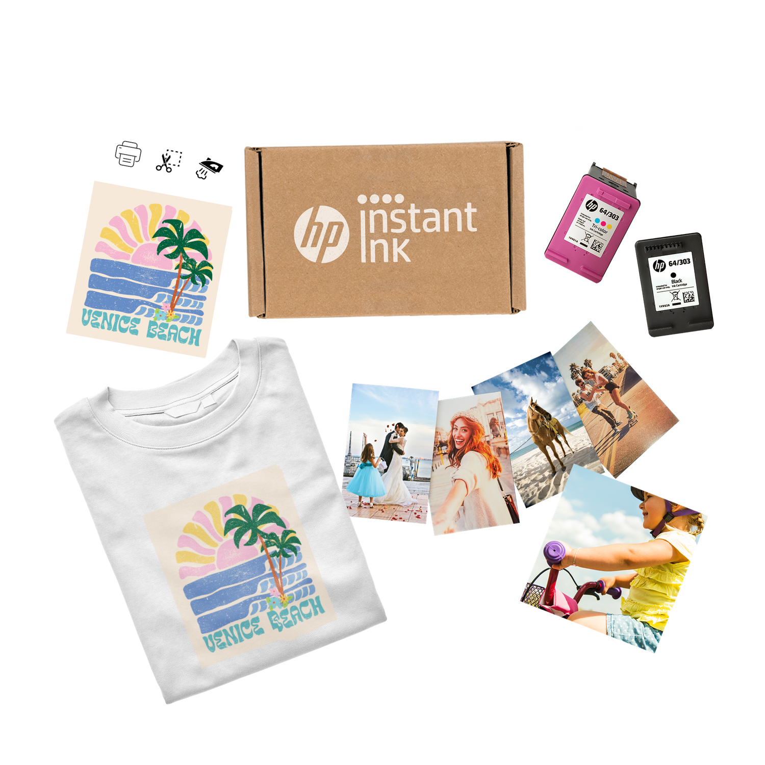 Un t-shirt blanc, des imprimés et des photos, une boîte en carton avec HP Instant Ink et deux cartouches d'encre sur une surface noire.