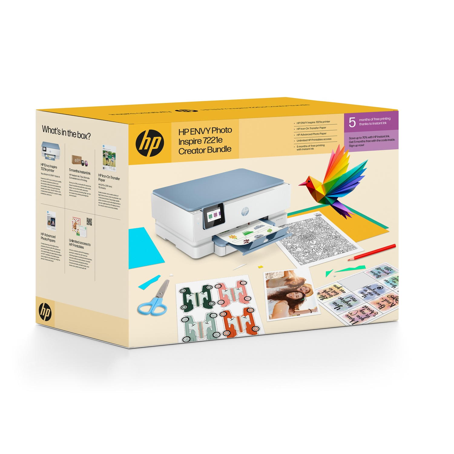 Un ensemble d'imprimante HP avec un oiseau, du papier et des accessoires. La boîte montre les fonctionnalités de l'imprimante et une offre d'impression gratuite.