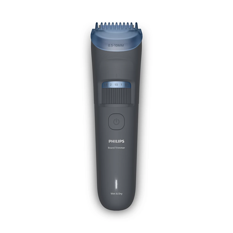 Philips szakállvágó fehér háttérrel. Sötétszürke, kék tetővel. A beállítások láthatók. "Wet & Dry" felirat látható.
