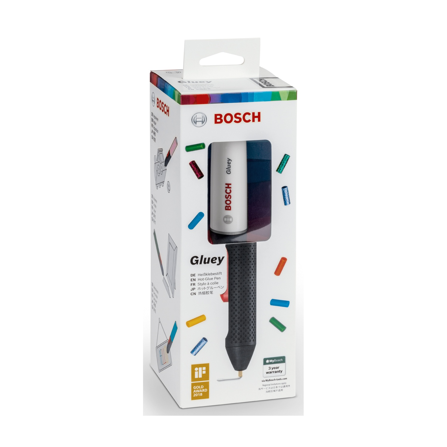 Una pistola per colla a caldo Bosch Gluey nella sua confezione, con il marchio e le caratteristiche. La scatola è bianca con accenti colorati.