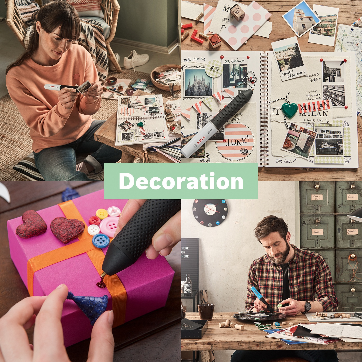Un collage di immagini che mostrano persone che creano con una pistola per colla. Le scene includono lo scrapbooking, la decorazione di regali e il lavoro con i tappi.