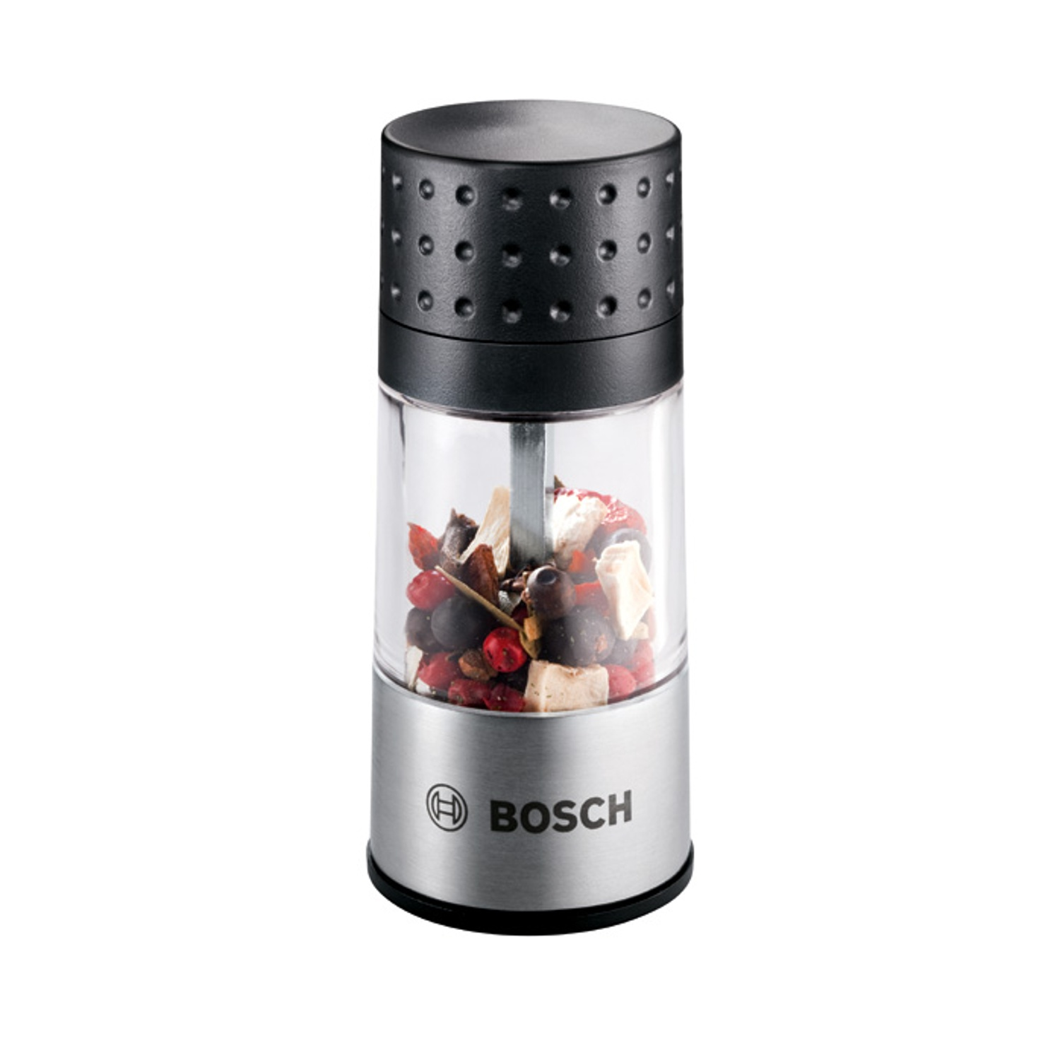 Un macinapepe con parte superiore nera, parte centrale trasparente e fondo argentato. Contiene spezie. Il logo Bosch è visibile.