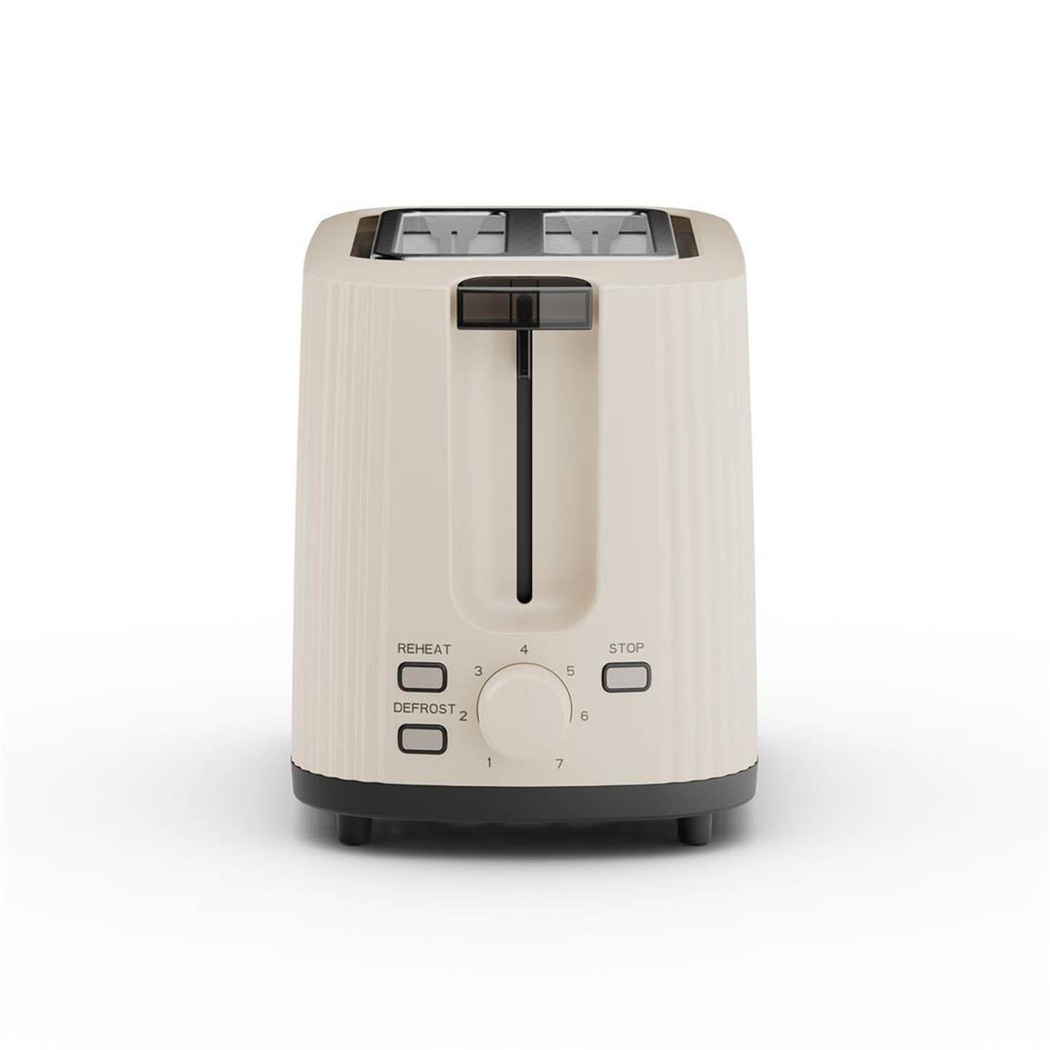 A cream-colored toaster with a black lever and buttons. It has a dial for selecting the toasting level.