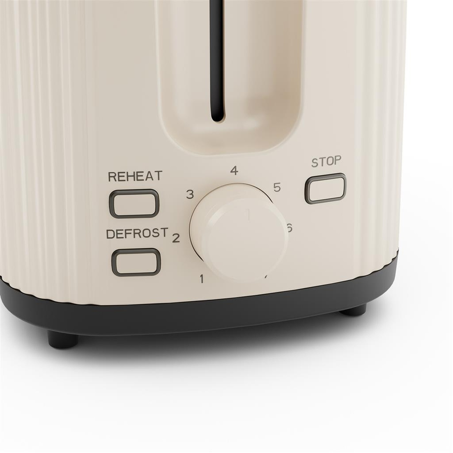 Close-up of a cream-colored toaster. It has buttons for reheat, defrost, and stop. A dial controls the toasting level.