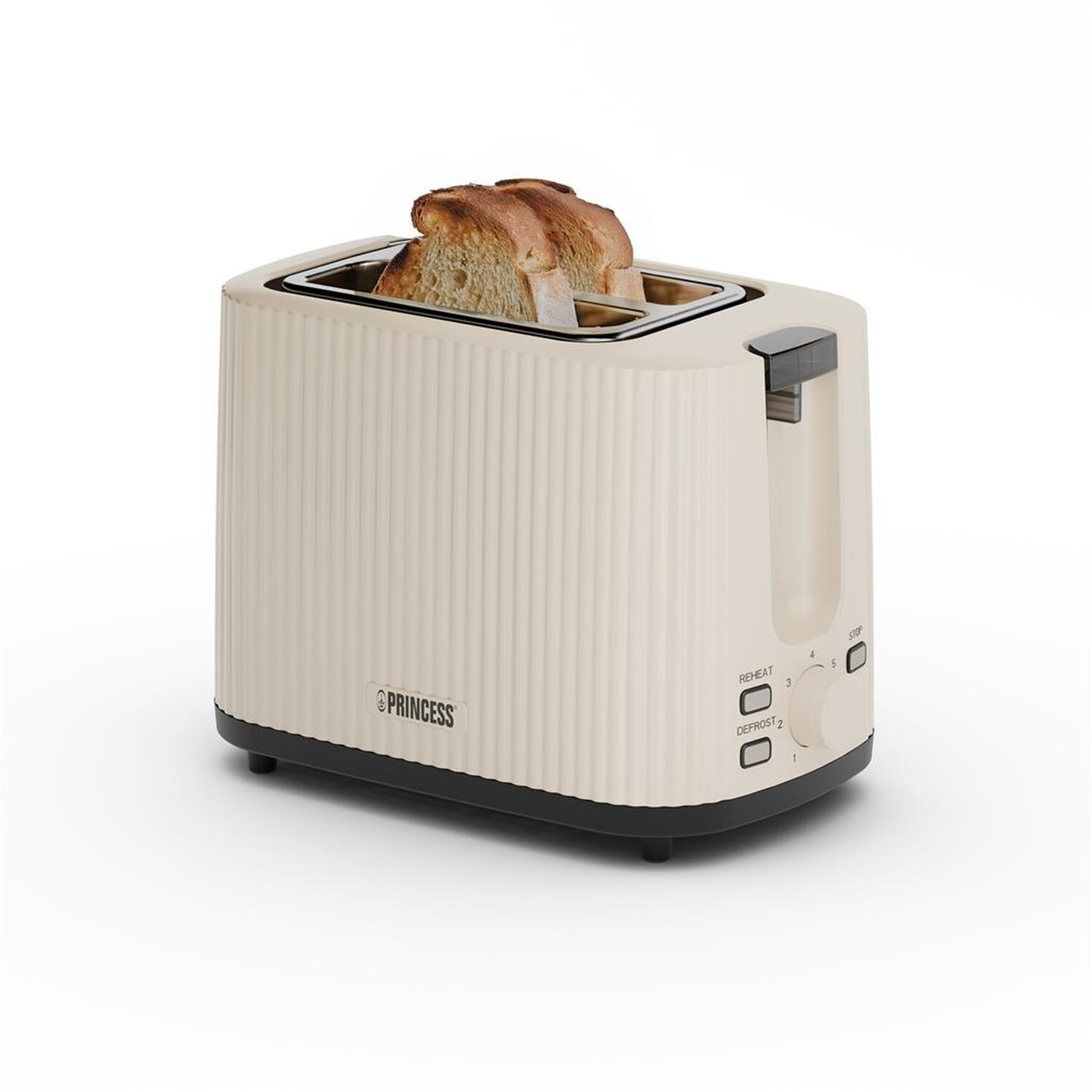 A cream-colored Princess toaster with toasted bread slices. It has a ribbed design and control buttons for reheating, defrosting, and stop.