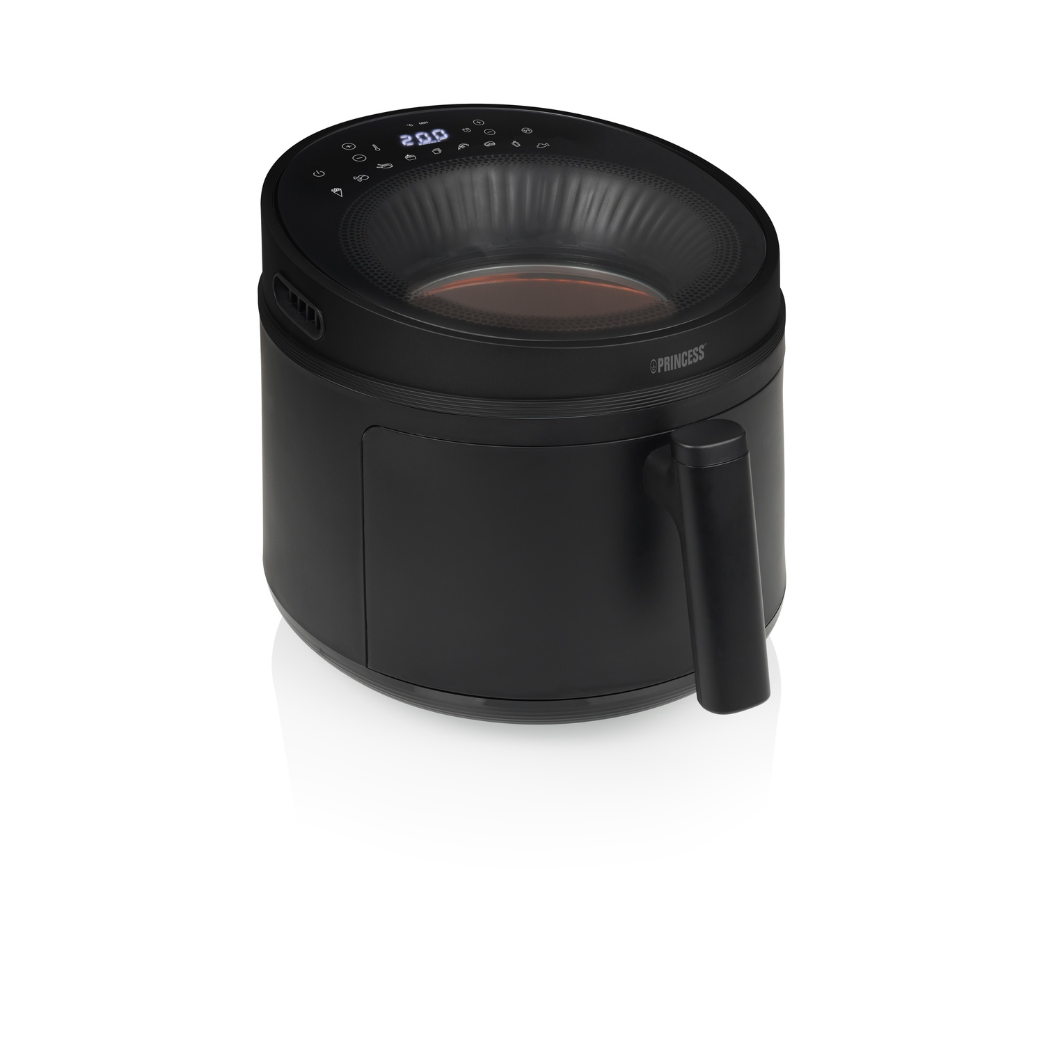 A black air fryer with a digital display showing 200 degrees. It has a handle and the brand name Princess.