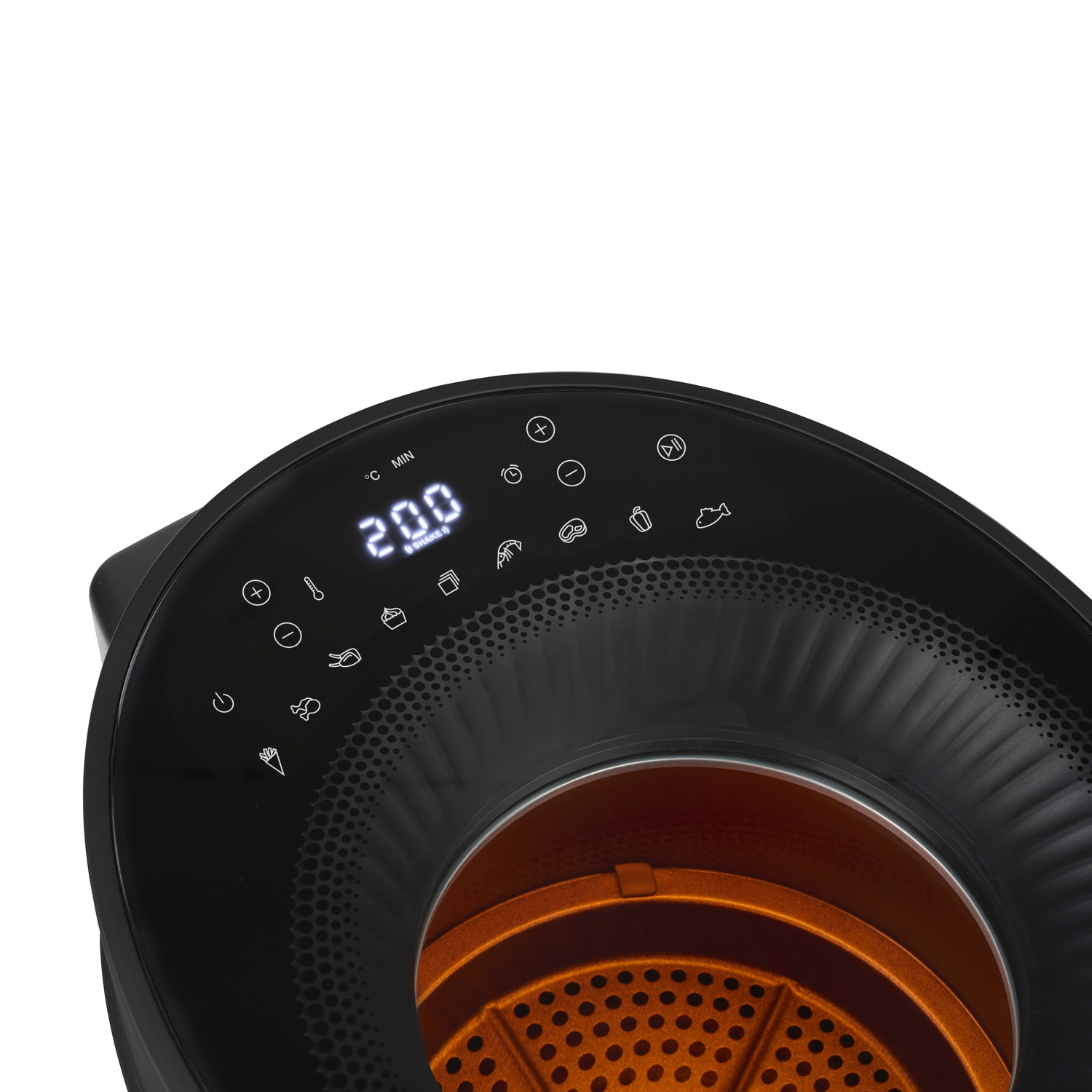 A black air fryer with a digital display showing 200 degrees. The fryer has various cooking icons and a metallic orange interior.