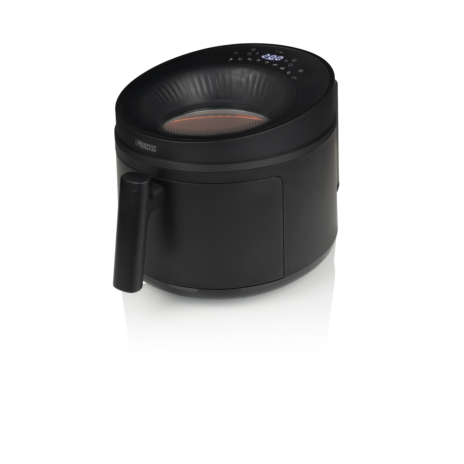 Black Princess air fryer on white. It features a digital display and a handle. Its reflection is seen on the white surface.