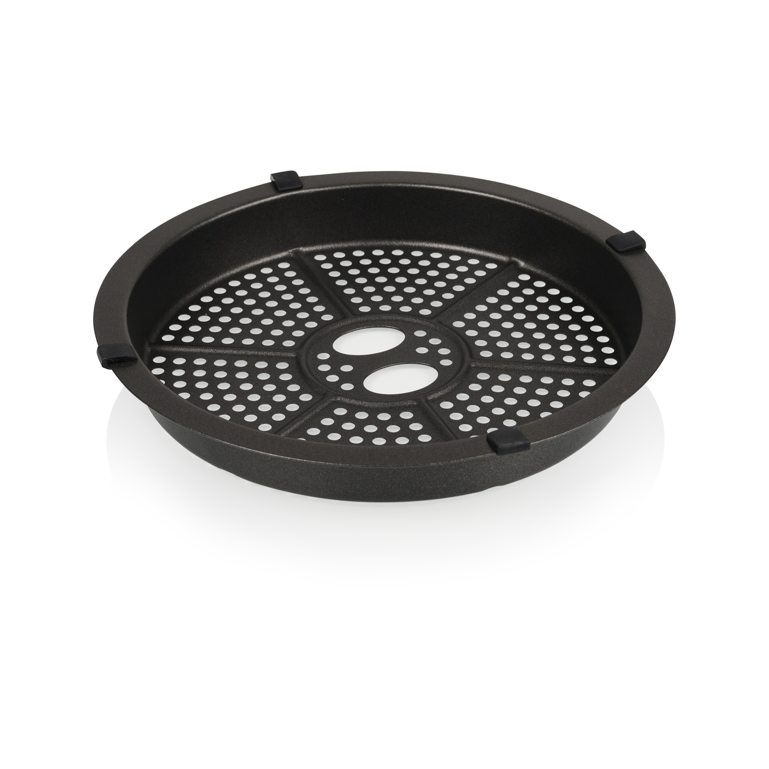 A black, perforated air fryer basket sits on a white surface. The basket has a circular shape with small holes throughout.