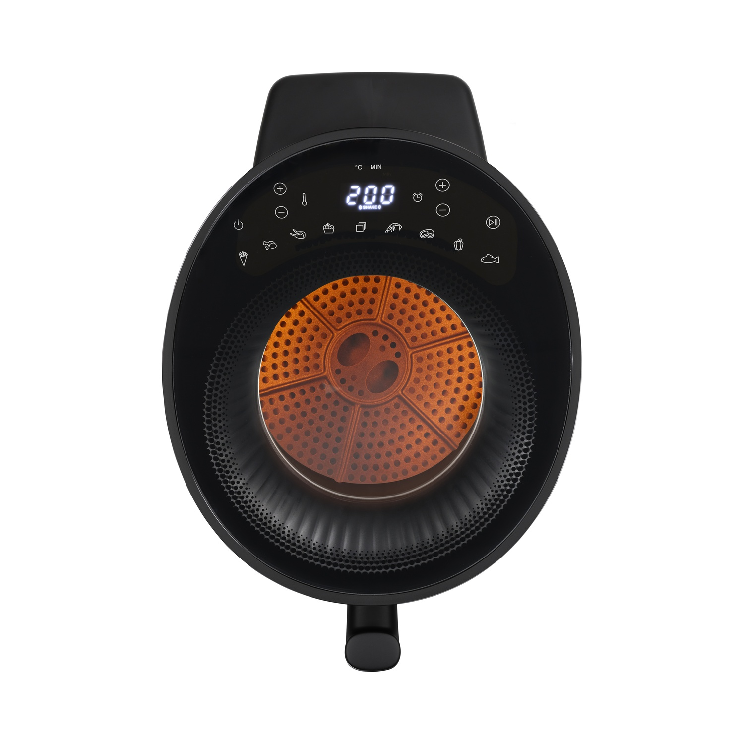 Top view of a black air fryer. It displays 200 degrees. The inside has an orange perforated basket. Buttons and icons are on the top.